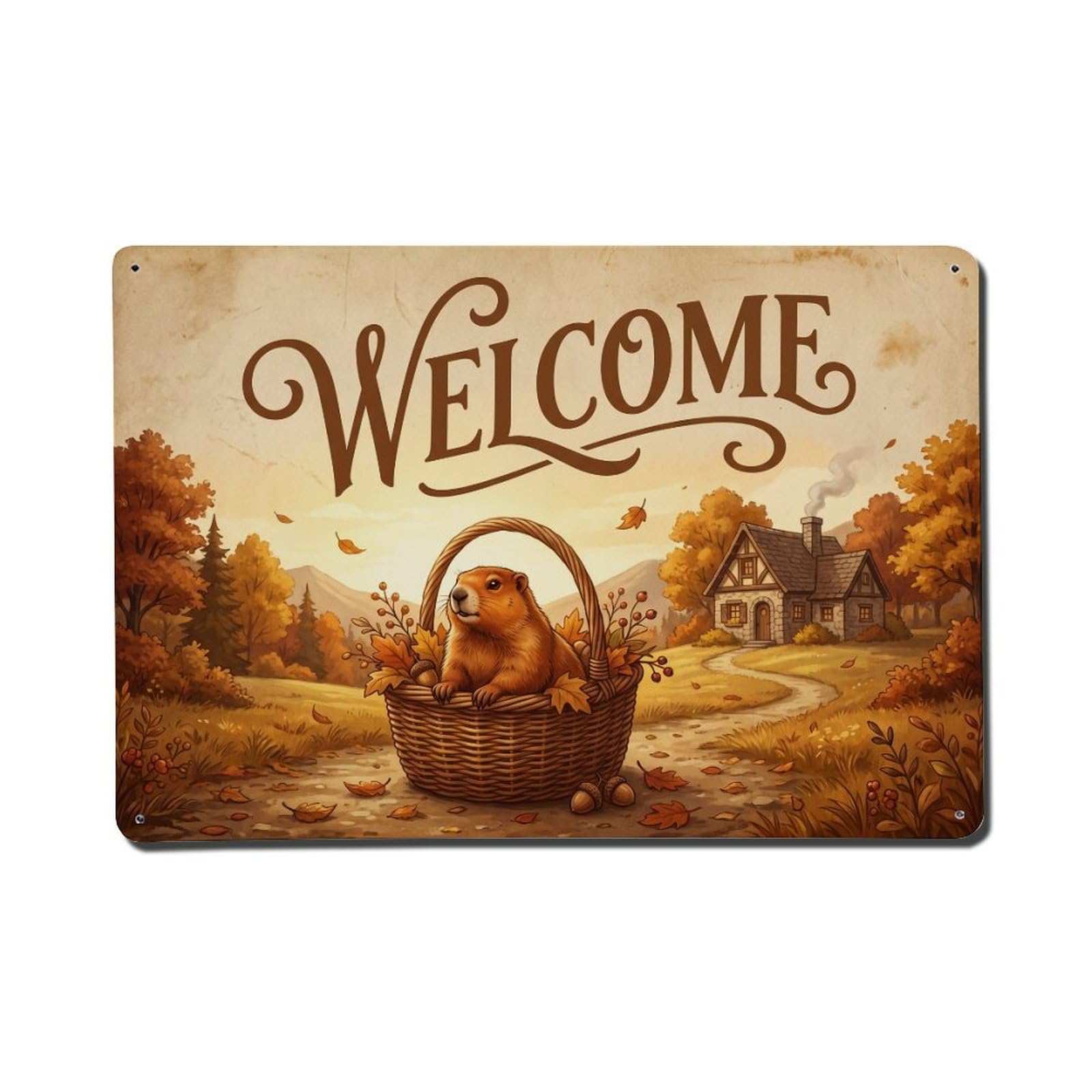 Vintage Welcome Marmot Falling Leaves Metal Tin Sign