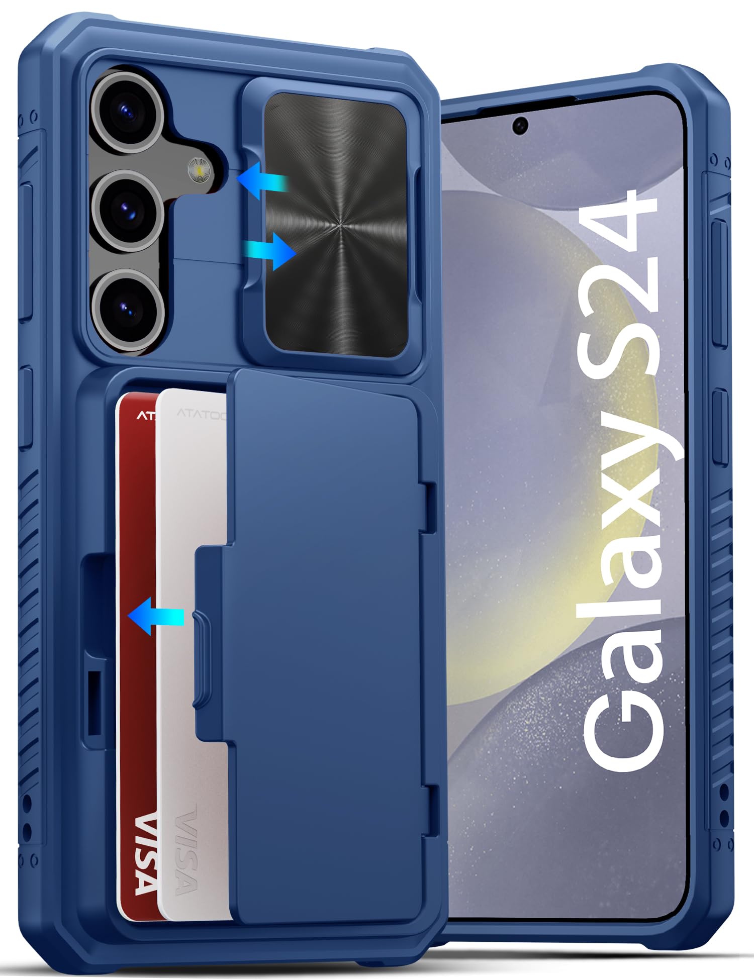 ATATOO for Samsung Galaxy S24 Case with Card Holder (Store 4-5 Cards) & Slide Camera Cover, Wallet Cover for Samsung Galaxy S24 2024, Blue