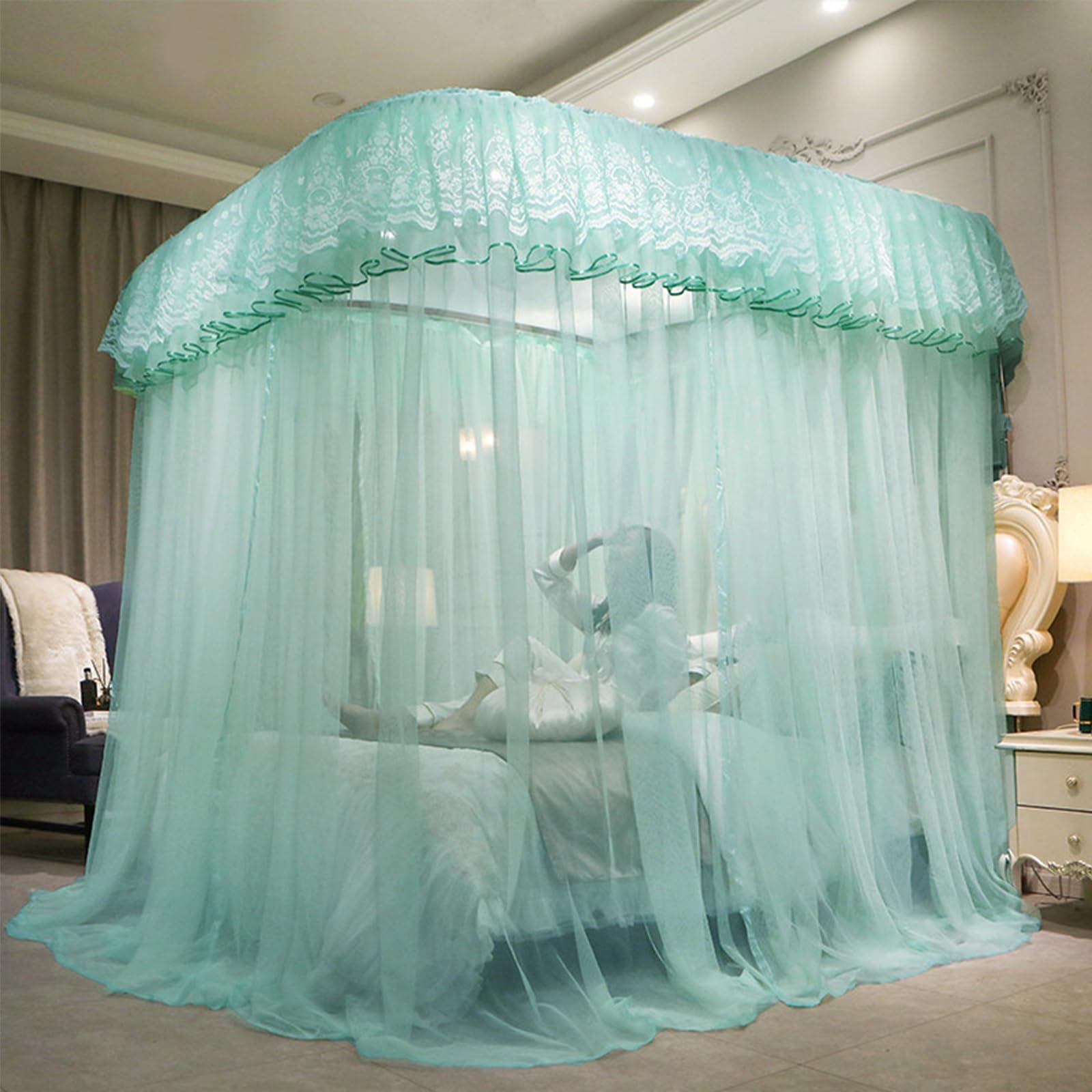 SARKEY U-Shaped Rail Bed Canopy Curtain,Three-Opening,Embroidery Lace Sheer Mesh(B,200x220x220cm(79"x87"x87"))