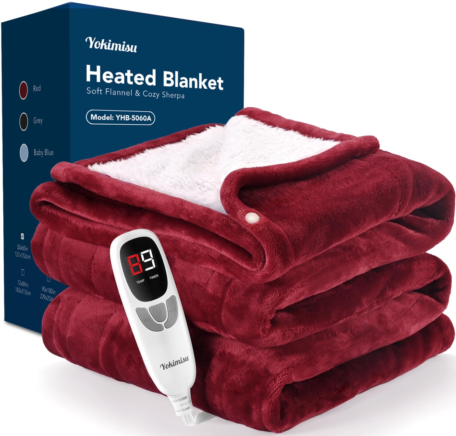 Yokimisu Heated Blanket Throw, Wearable Heated Blanket Two Buttons, 50x60 Inches Soft Flannel Electric Throw, 9 Heating Levels & 10 Options Auto Off, for Home, Office (Red)