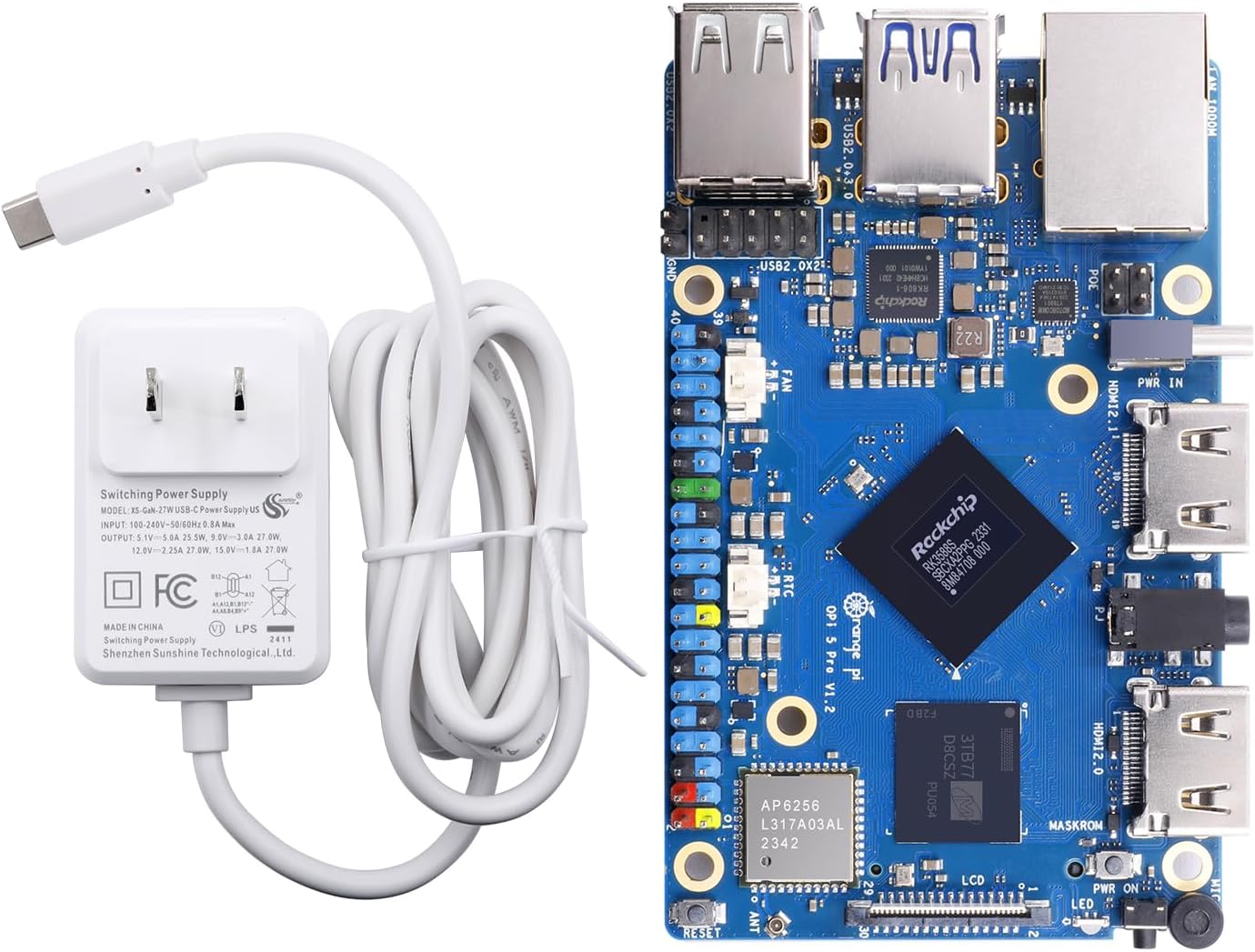 Orange Pi 5 Pro 4GB/8GB/16GB LPDDR5 Rockchip RK3588S 8-Core 64-Bit Single Board Computer with eMMC Socket, WiFi 5/Bluetooth 5.0, Development Board Run Ubuntu/Debian/Android (4GB+Power Supply)