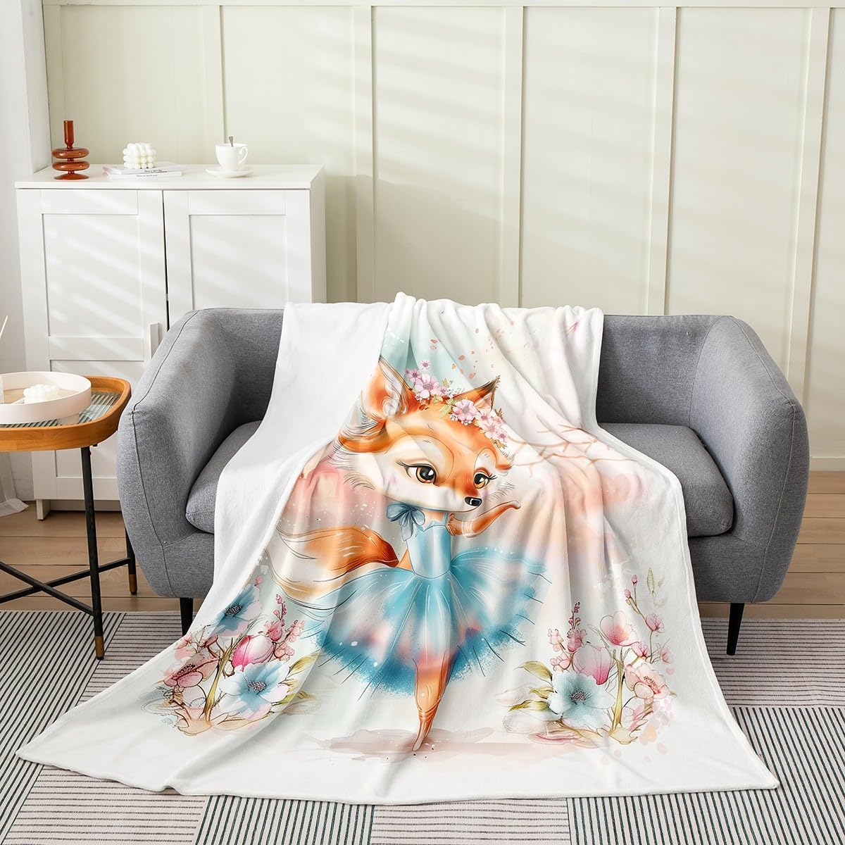 Ballet Animals Lightning Fleece Blanket,Cartoon Fox Bed Blanket for Adults Teens,Dreamy Castle Garden Flower Room Decor,Super Soft Flannel Blanket,40"x50"
