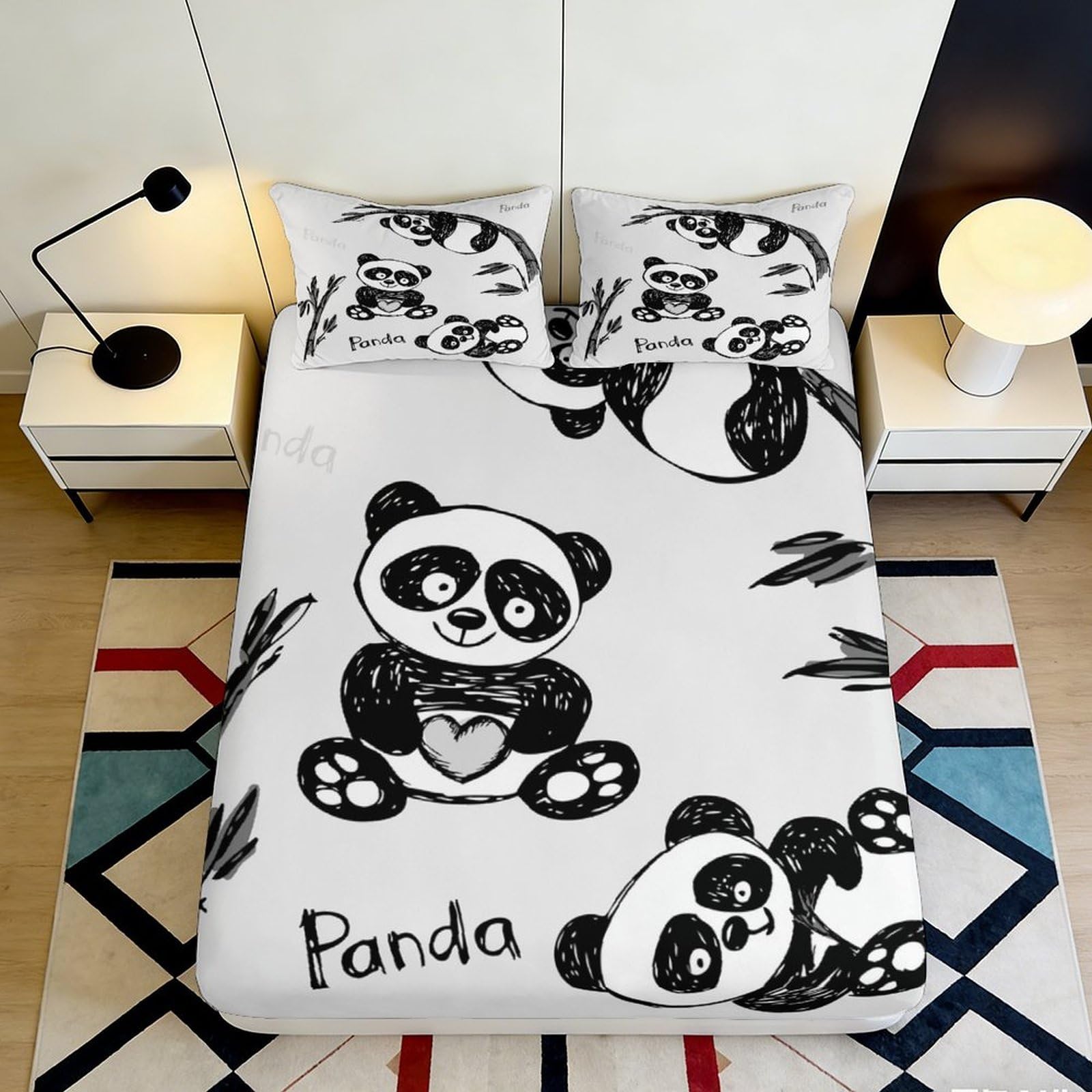 3D Printed Cartoon Panda Fitted Sheet Microfiber Deep Pocket Non-Slip Bedding Panda Mattress Fitted Cover Full Wrap for Adults Teens 90x200x25cm