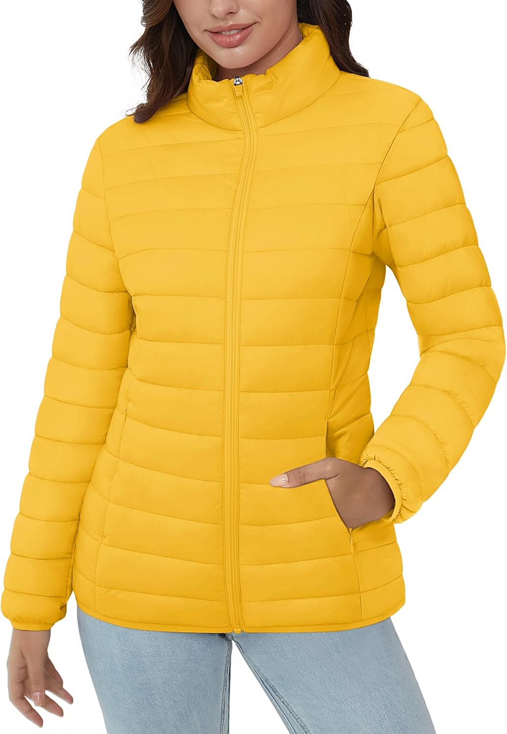 MAGCOMSEN Women's Puffer Jacket Lightweight Quilted Padded 4 Pockets Zip-up Stand-collar Winter Fleece Coat