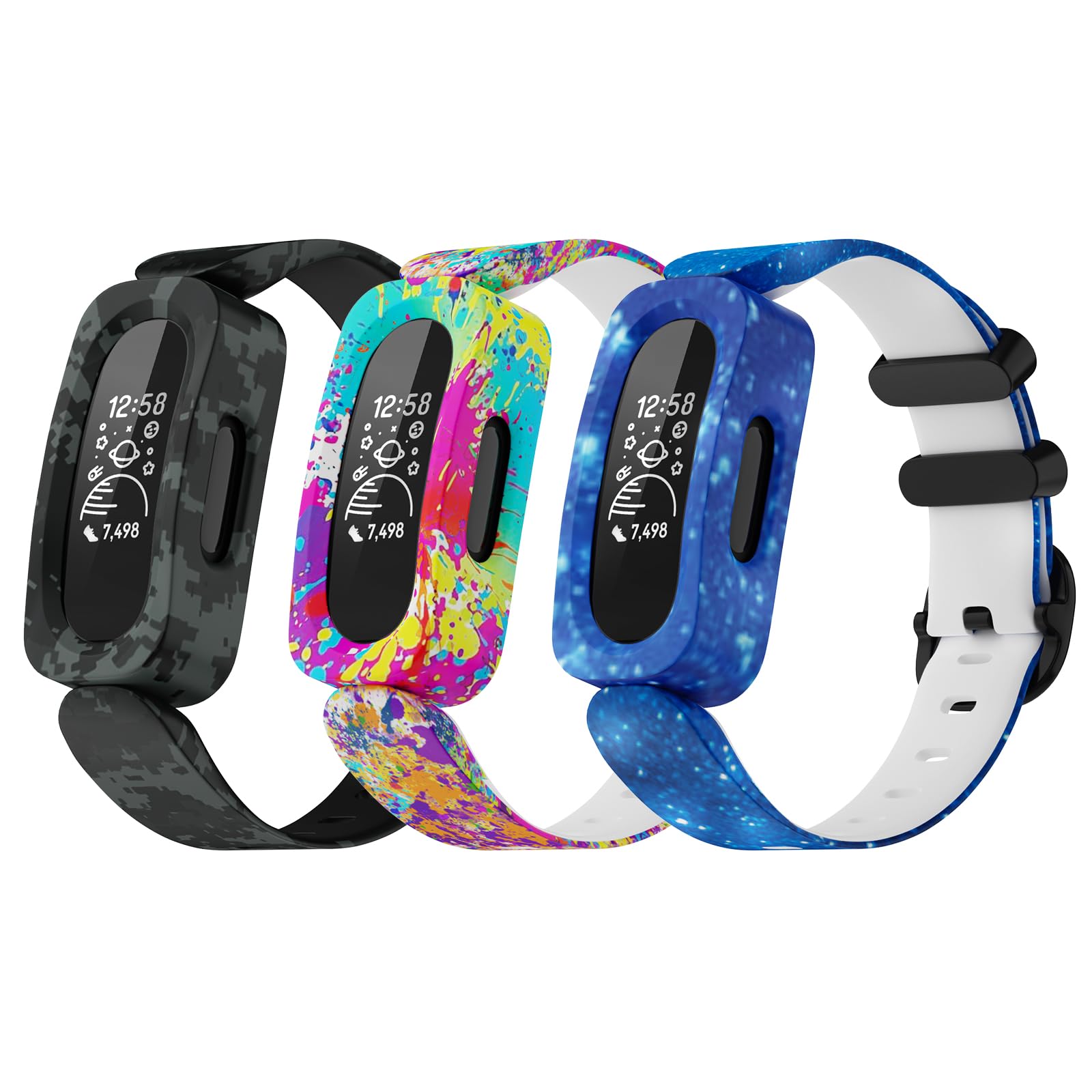 Tuocal 3 Pack Silicone Straps Compatible with Fitbit Ace 3 Strap/Fitbit Inspire 2 Strap for Kids, Cute Pattern Colorful Silicone Sport Adjustable Waterproof Replacement Wristband for Boys Girls