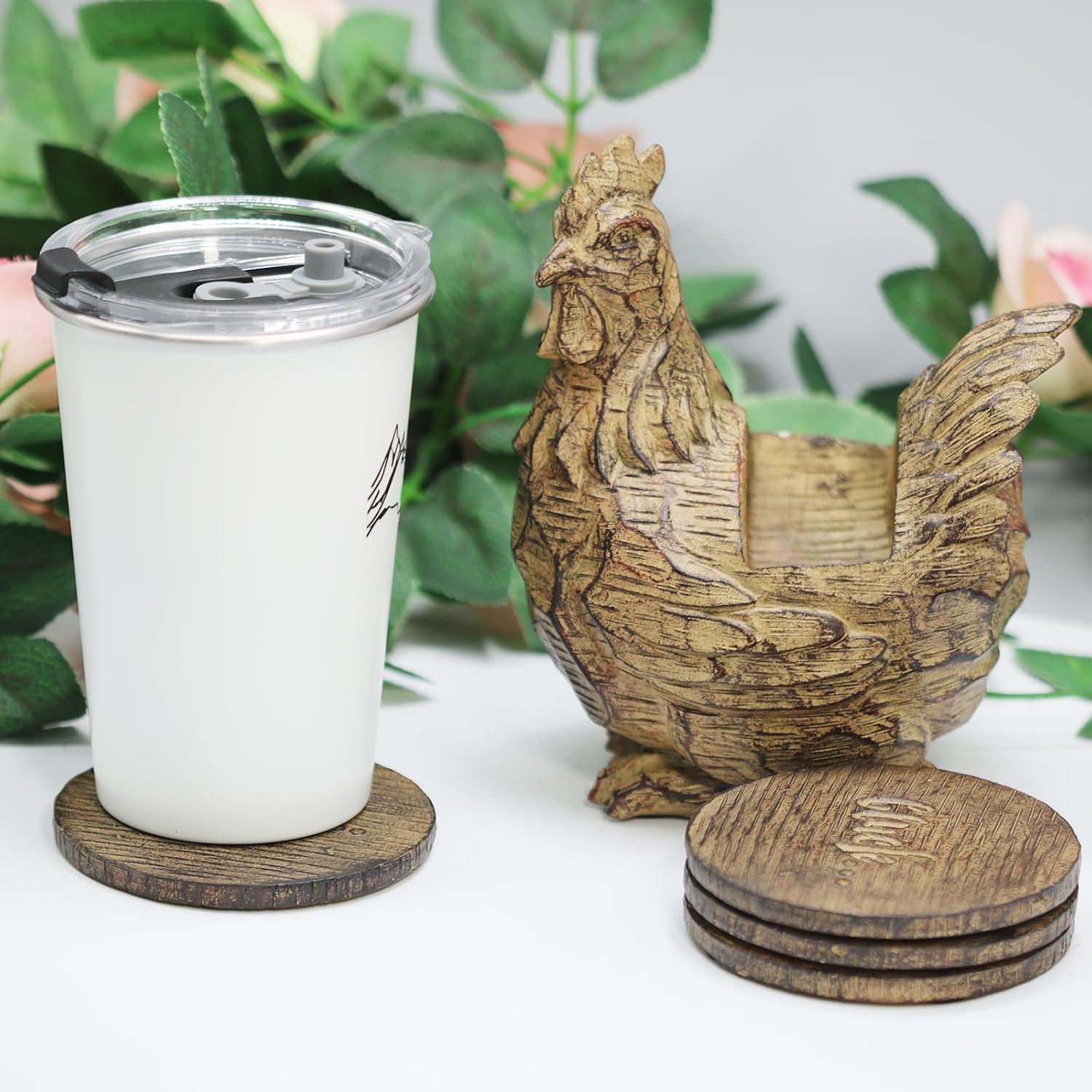 Vintage Rooster Coasters, Set of 4 Resin Coasters in Handmade Cock Stand, Rustic Tabletop Decor for Home & Office - Image 2