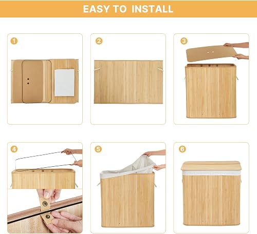 Mondeer Laundry Basket with Lid 150L, 3 Compartments Bamboo Laundry Hamper with Handles Removable Washable Lining, Foldable, for Bedroom Bathroom or Utility Room, 60 x 40 x 61 cm, Natural - 6