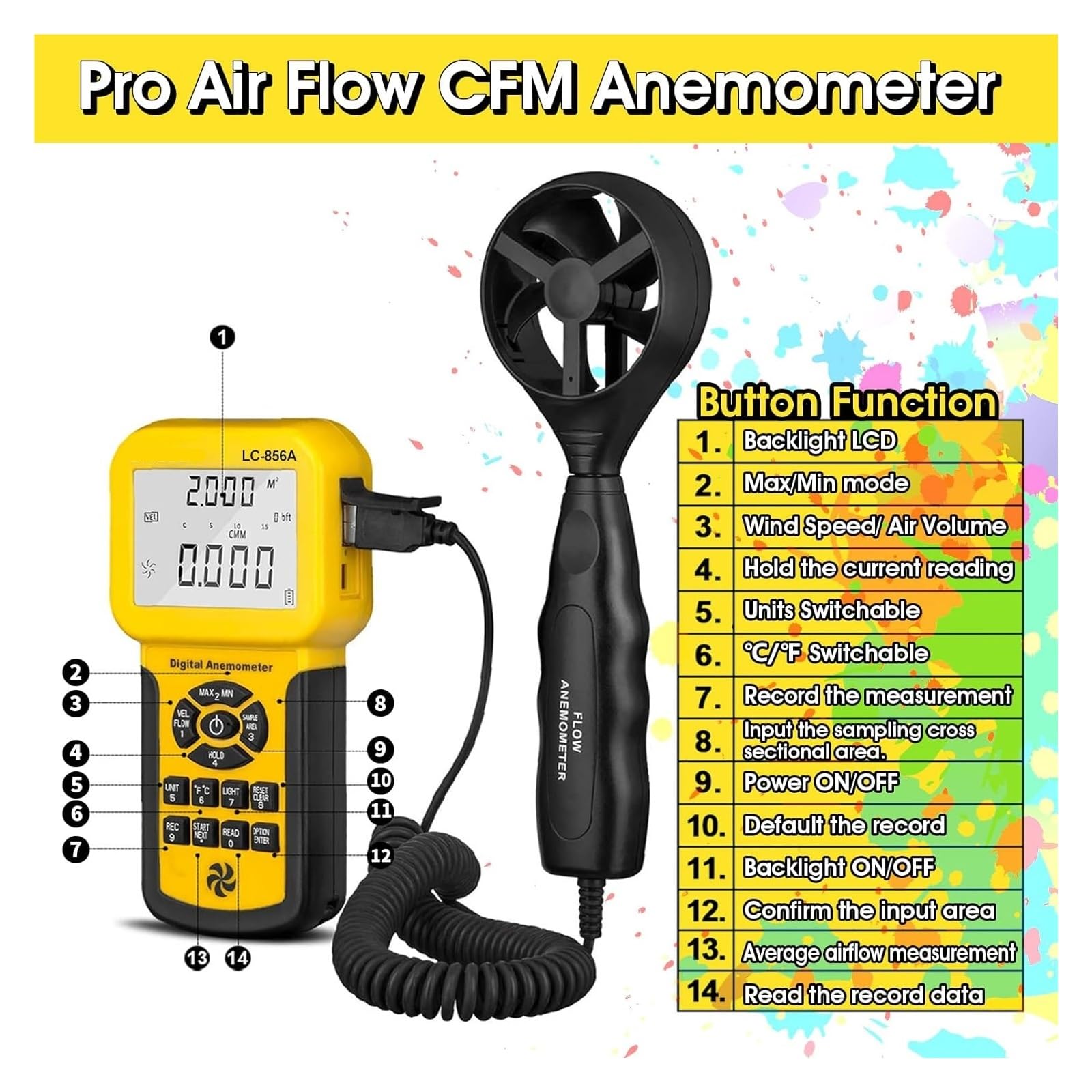 Medidor LC-856A CFM, anemómetro HVAC, medida manual, temperatura de velocidad del flujo aire, medidor viento con luz fondo, MAX MIN AVG for navegar(856A)