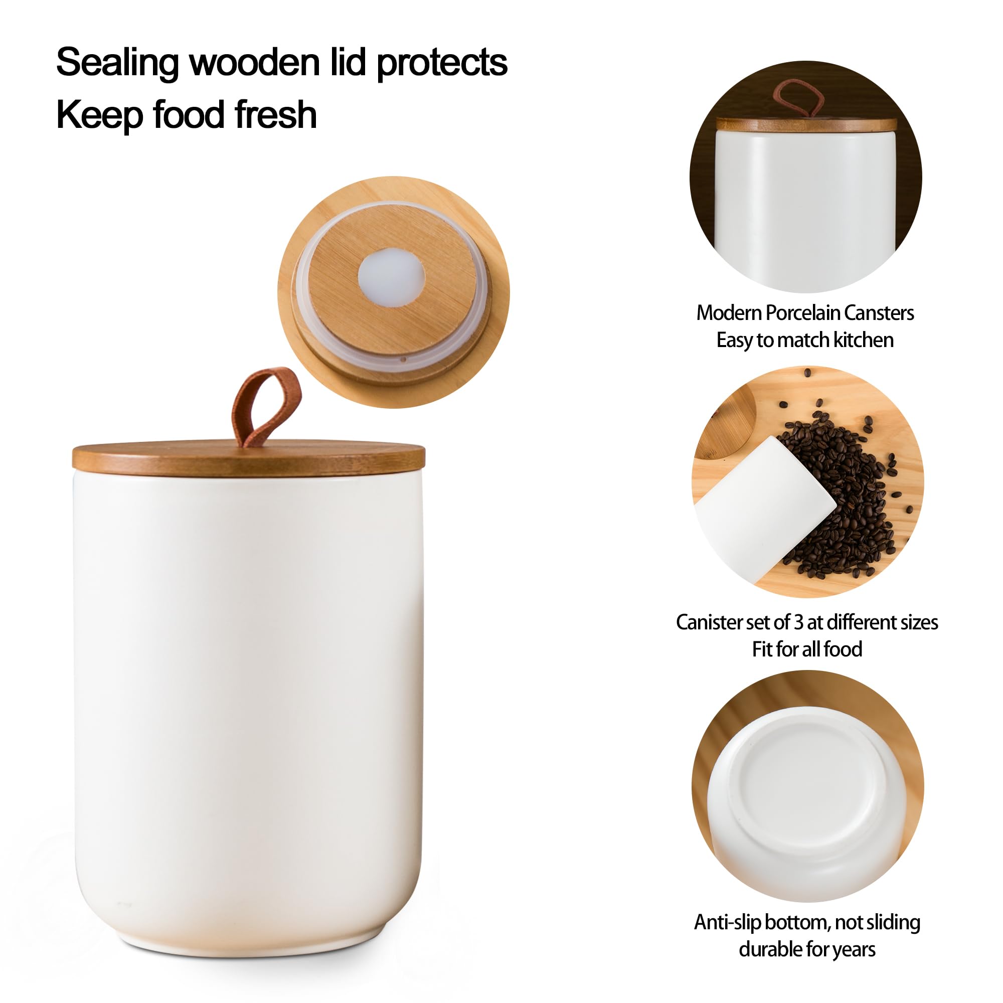 Tenforie White Canister Sets for Kitchen, 3pcs Ceramic Canisters with Airtight Wooden Lid, Food Storage Jar, Large Kitchen Storage Containers for Serving Coffee Beans, Tea, Sugar, Salt, Spices
