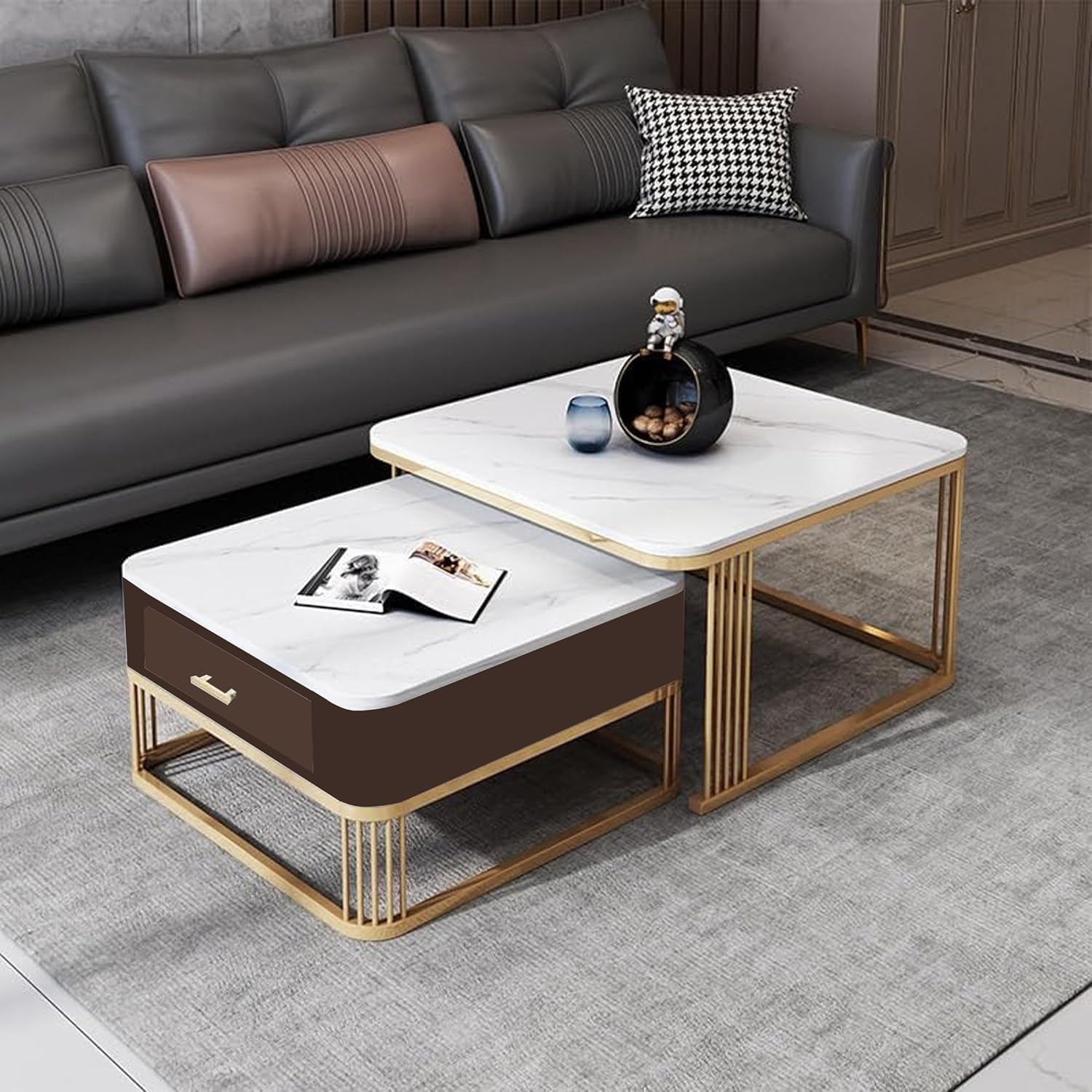 Modern 20"x20" Square Drawer Center Table with Marble Finish Top & Gold Metal Frame, Cocktail Sofa Table Living Room, Elegant Coffee Table Set of 2 – for Home, (Gold & White - Antique)-image-12