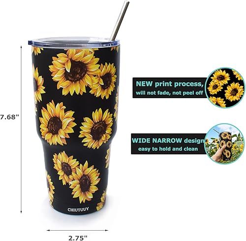 Miniatura 3 de Vaso con estampado de girasoles, taza de viaje de acero inoxidable de 30 onzas, taza de café aislada de doble pared con tapa a prueba de