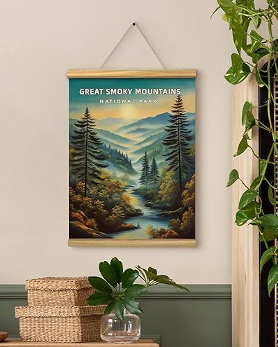 Miniatura 2 de Póster de pared vintage de Great Smoky Mountains National Park de 12 x 16 pulgadas con barras de madera, colgador de cuerda, arte de pared colgante
