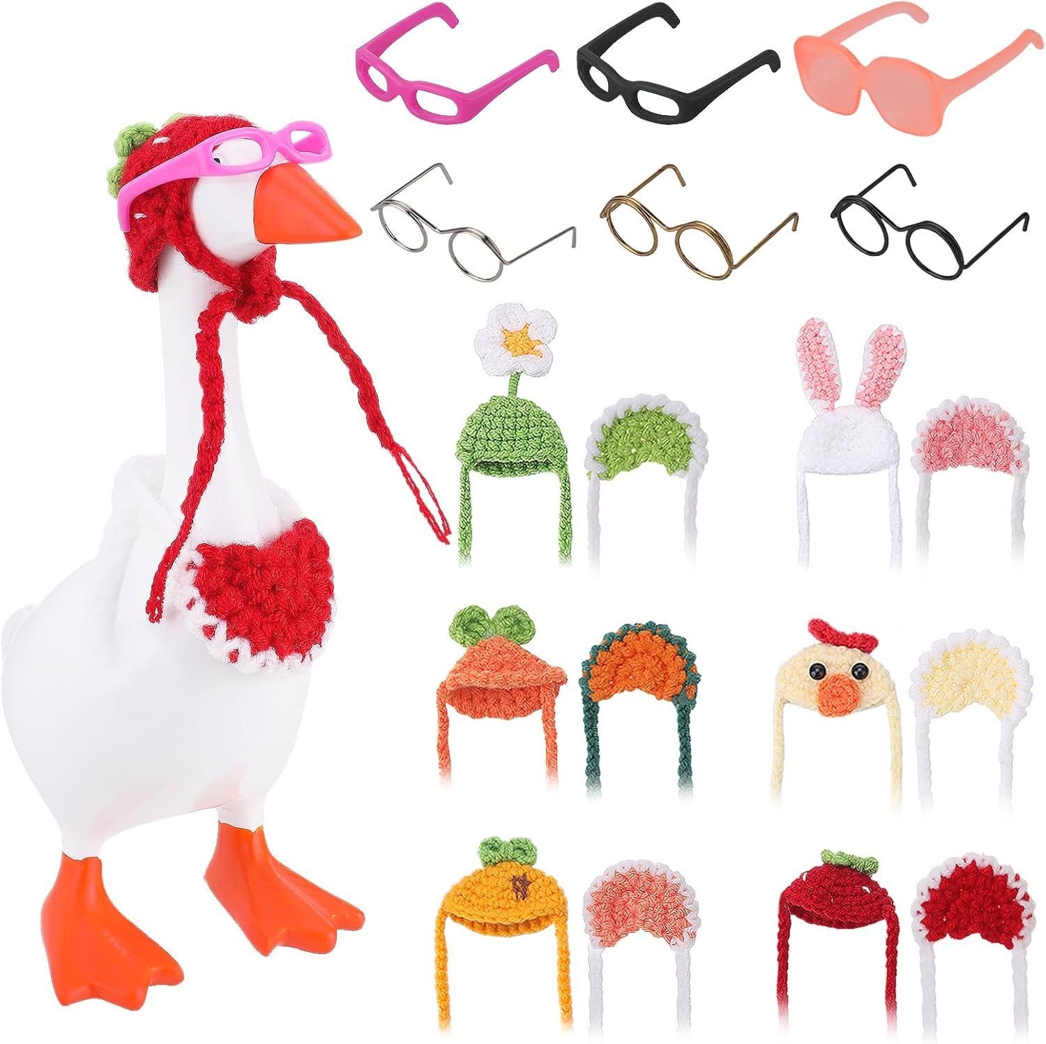 6 Set 7 Inch Desk Goose Outfits Mini Knitted Hats with Sunglasses and Scarves Cute Porch Goose Decor Accessories for Magnetic Desk Geese Statue Strawberry