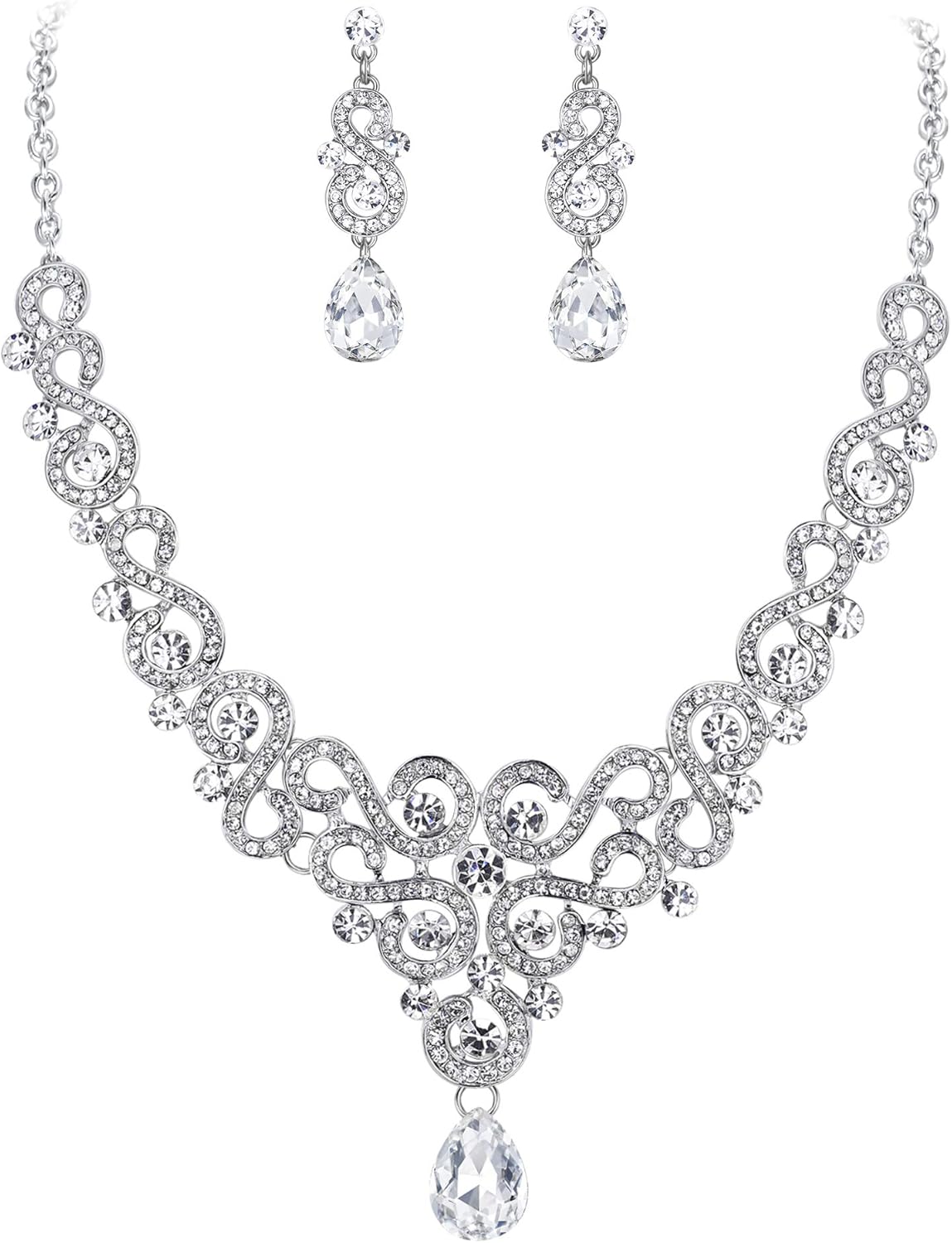 EVER FAITH Women's Austrian Crystal Art Deco Bridal Floral Wave S-Shaped Teardrop Necklace Earrings Set