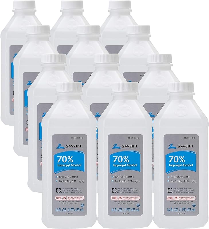Swan 70% alcohol isopropílico para frotar, 16 oz. Botella, Caja de 12