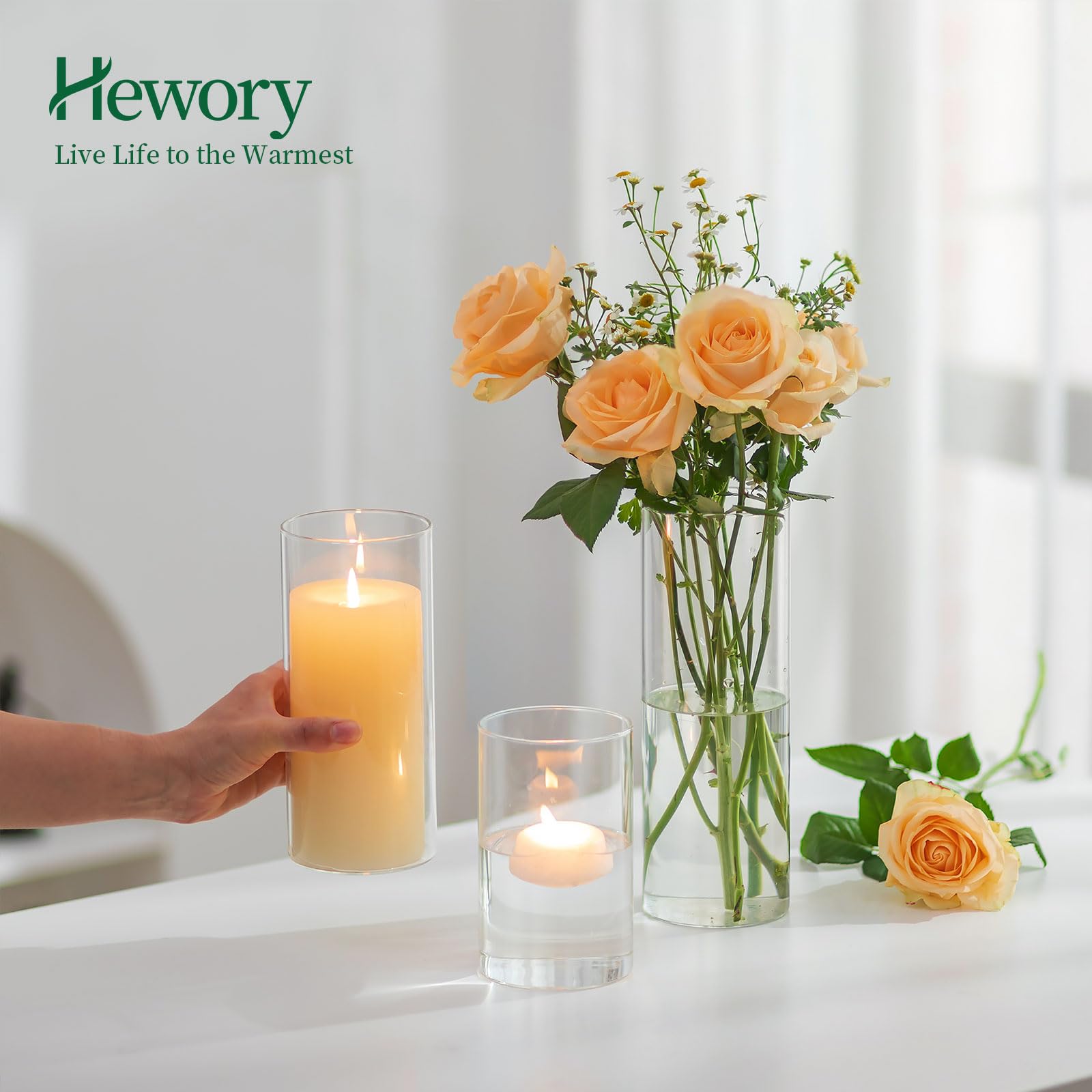 Hewory Jarrones de Cristal Cilíndricos Set de 6, Jarrón Alto de Cristal Transparente para Flores, Portavelas de Huracán para Velas de Pilar Flotantes, Florero para Centro de Mesa, 15/20/25cm | Jarrón de cristal para flotar, vela de té, pilar, centro de me