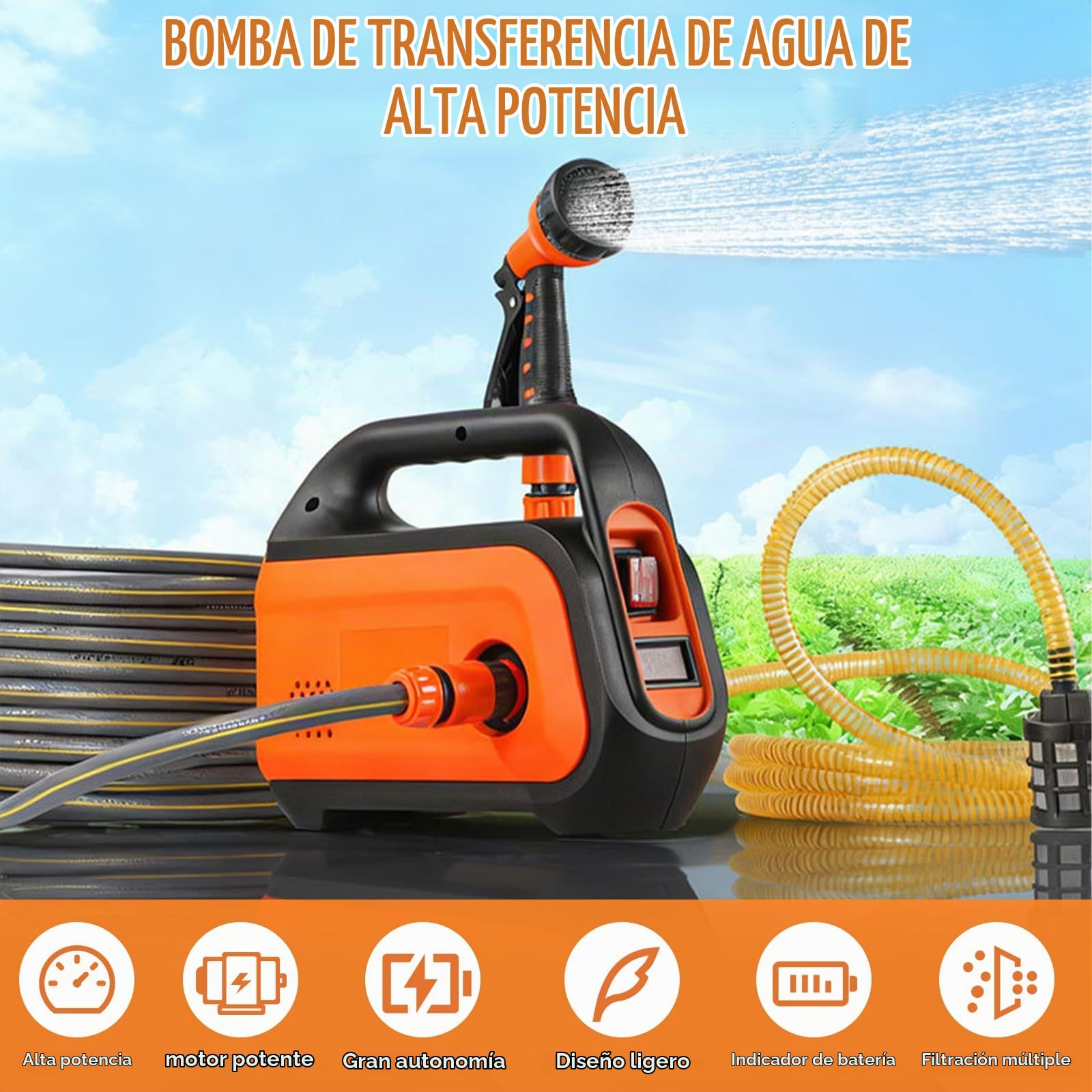 Bomba de agua inalámbrica autocebante portátil para Makita 18V(sin batería) | Roadtime presión 1.5 MPa,caudal 8-11 L/min, con manguera 10 m y pistola multifunción, riego jardín lavado coche limpieza