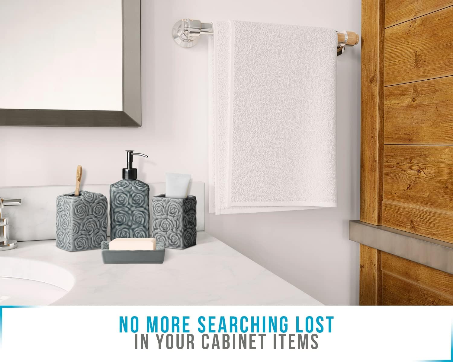 Designer 4-Piece Bathroom Accessory Set – Ceramic Bath Set w/ Liquid Soap or Lotion Dispenser, Toothbrush Holder, Tumbler and Soap Dish – Decorative Set w/ Embossed Details – Modern Vanity Accessories