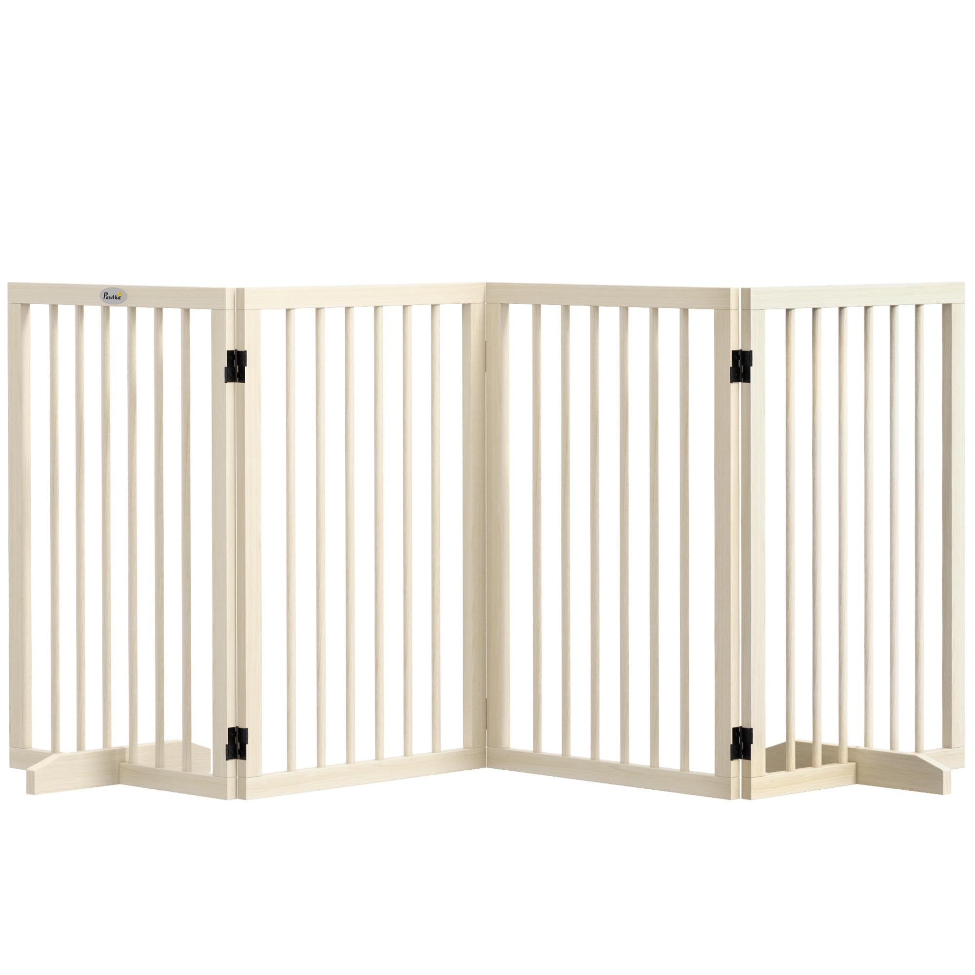 PawHut Barrière de Sécurité pour Chien, Barrière de Protection Modulable Pliable à 4 Panneaux, Clôture pour Animal Domestique en Bois avec Pieds de Support - Dim. 206 x 35,5 x 76 cm Bois Naturel