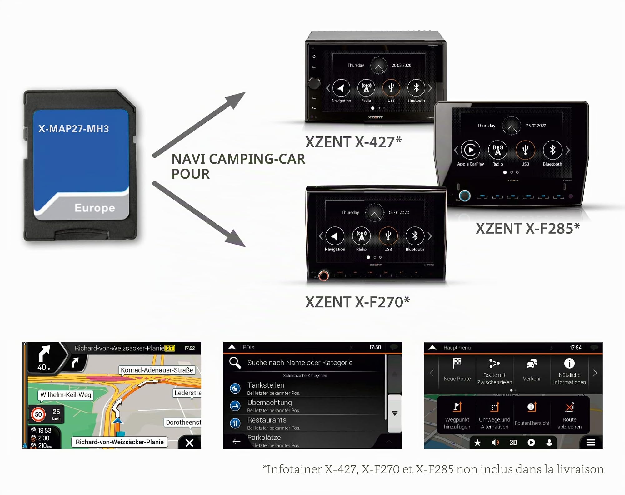 X-MAP27-MH3 : Carte Micro SD avec Navigation de Voyage pour XZENT X-427 et X-F270, Cartes d'europe, Camping P.O.I. Colis de 3 Ans de mises à Jour de Cartes gratuites