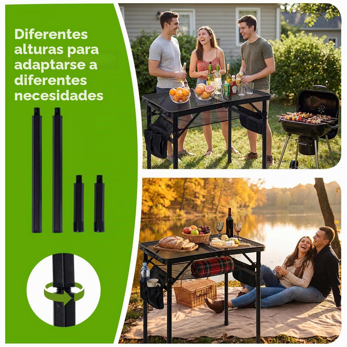 Mesa de Camping para Barbacoa 60X40 cm Mesa de Camping Plegable portátil y Ligera Superficie de Malla Pequeña Mesa para Grill Ideal para Camping BBQ RV y Picnic