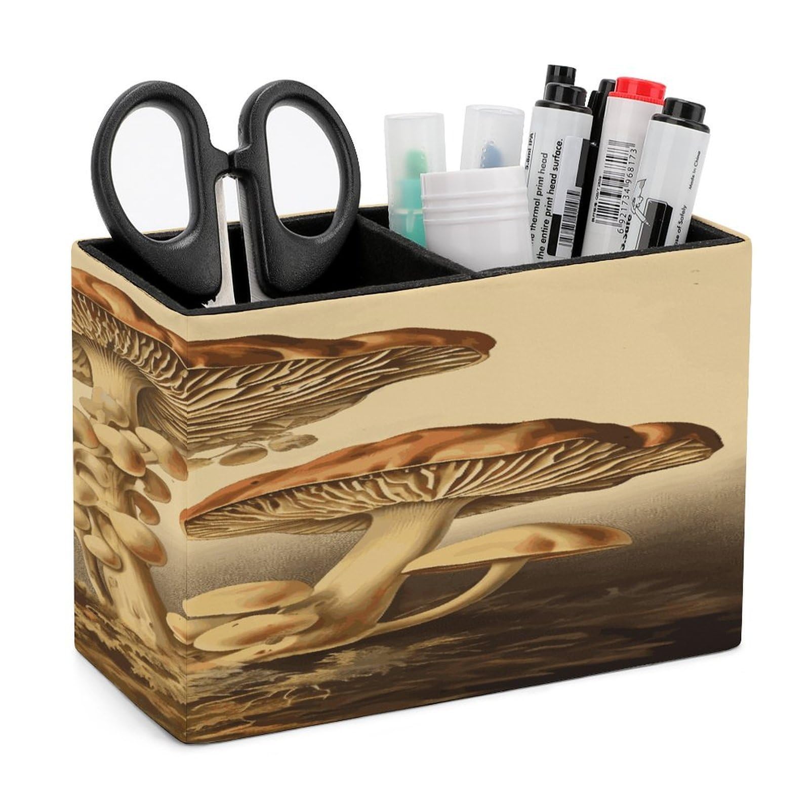 LDGSUPH Vintage Mushrooms Leather Pen Holder for Desk Organizer Caddy Large Pencil Cup Multi-function Pencil Holder Makeup Brush Holders Pen Organizer for Home Office Storage Box