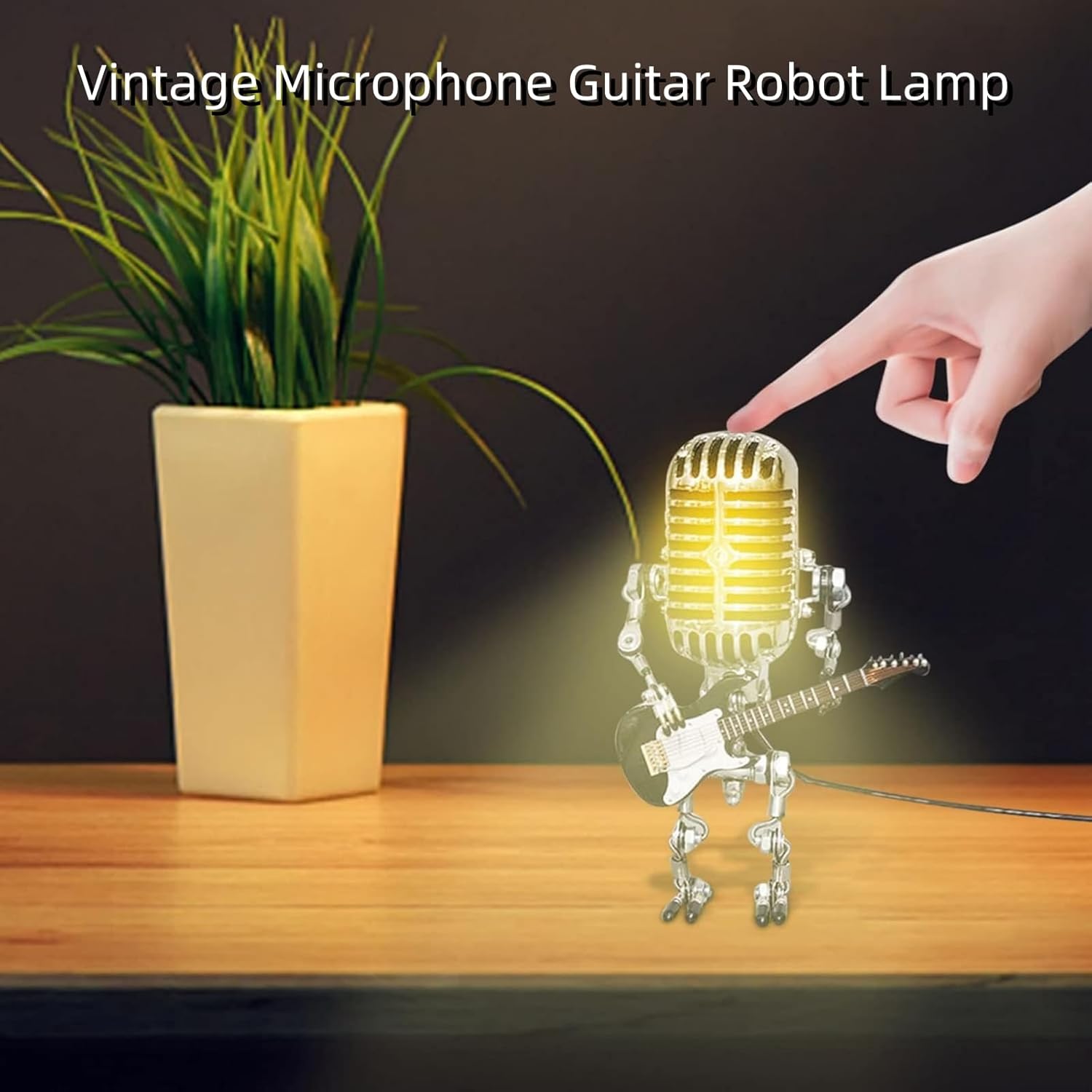 Thetie Vintage Microphone Guitar Robot Lamp,Vintage Microphone Guitar Robot Lamp with Dimmer,Handmade Retro Metal Mini Night Light Table Lamp Steampunk Lamp for Bedroom,Office Home Decoration (White)