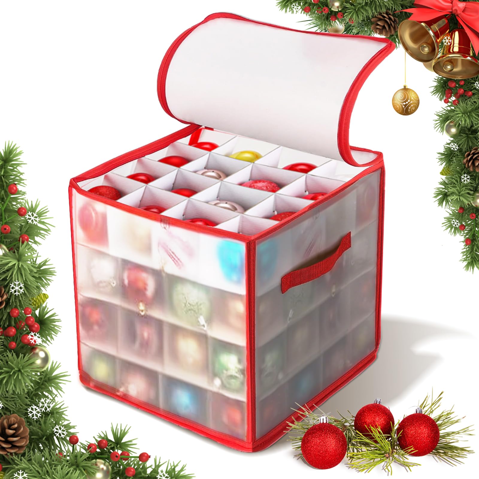 HILKKET Scatola portaoggetti per palline di Natale, scatola per palline di Natale, con divisori regolabili, 64 scomparti, 4 livelli, 2 cerniere