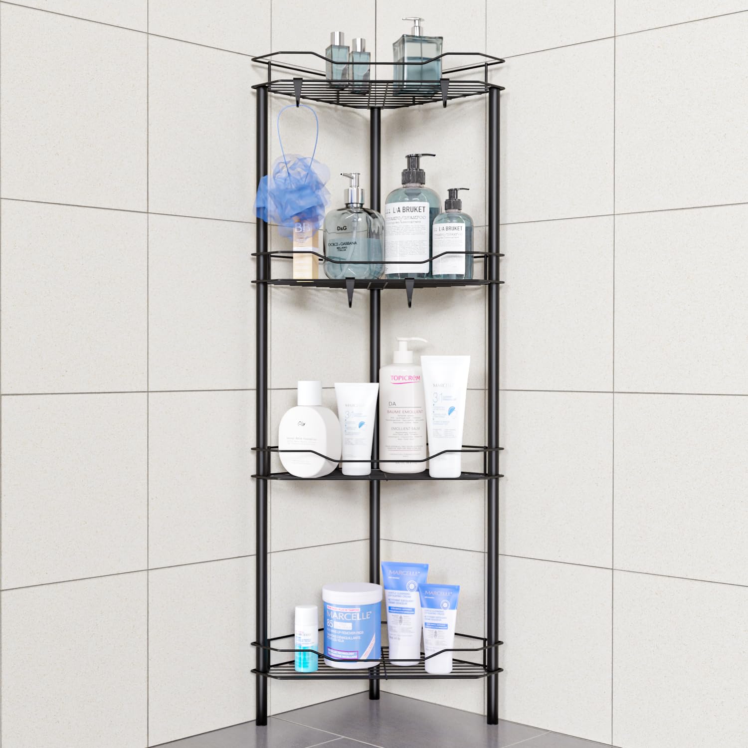 Corner Shower Caddy 4 Tier Corner Shelf Organizer Floor Standing Shower Caddy for Bathroom Rest Room Black