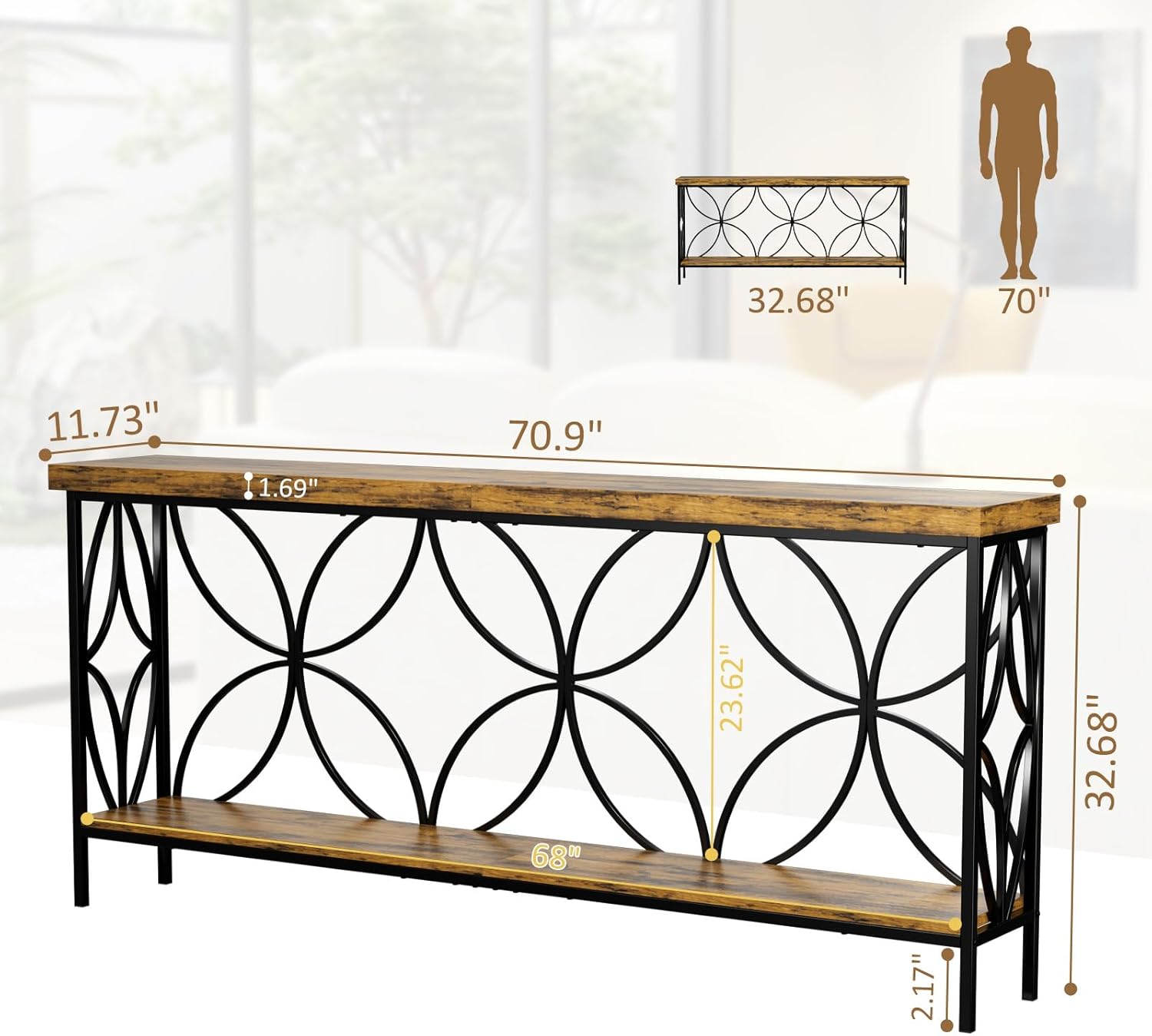 70.9 Inch Sofa Table,Industrial Long Sofa Table,Narrow Console Table Behind Couch with Storage Shelves, Entryway Table for Living Room, Hallway