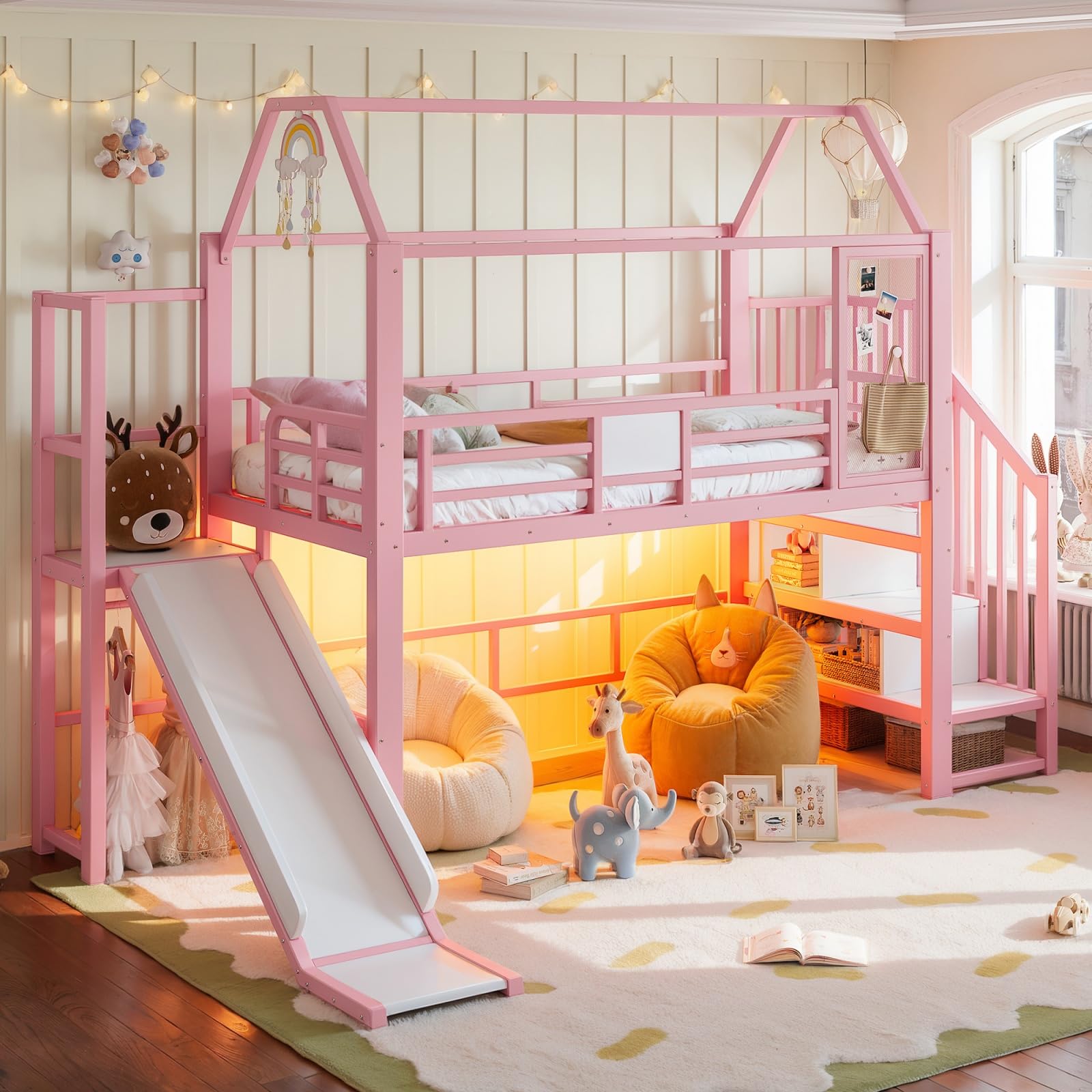 Lit Mezzanine Métal 90x200 cm avec Toboggan et Éclairage LED, Rose