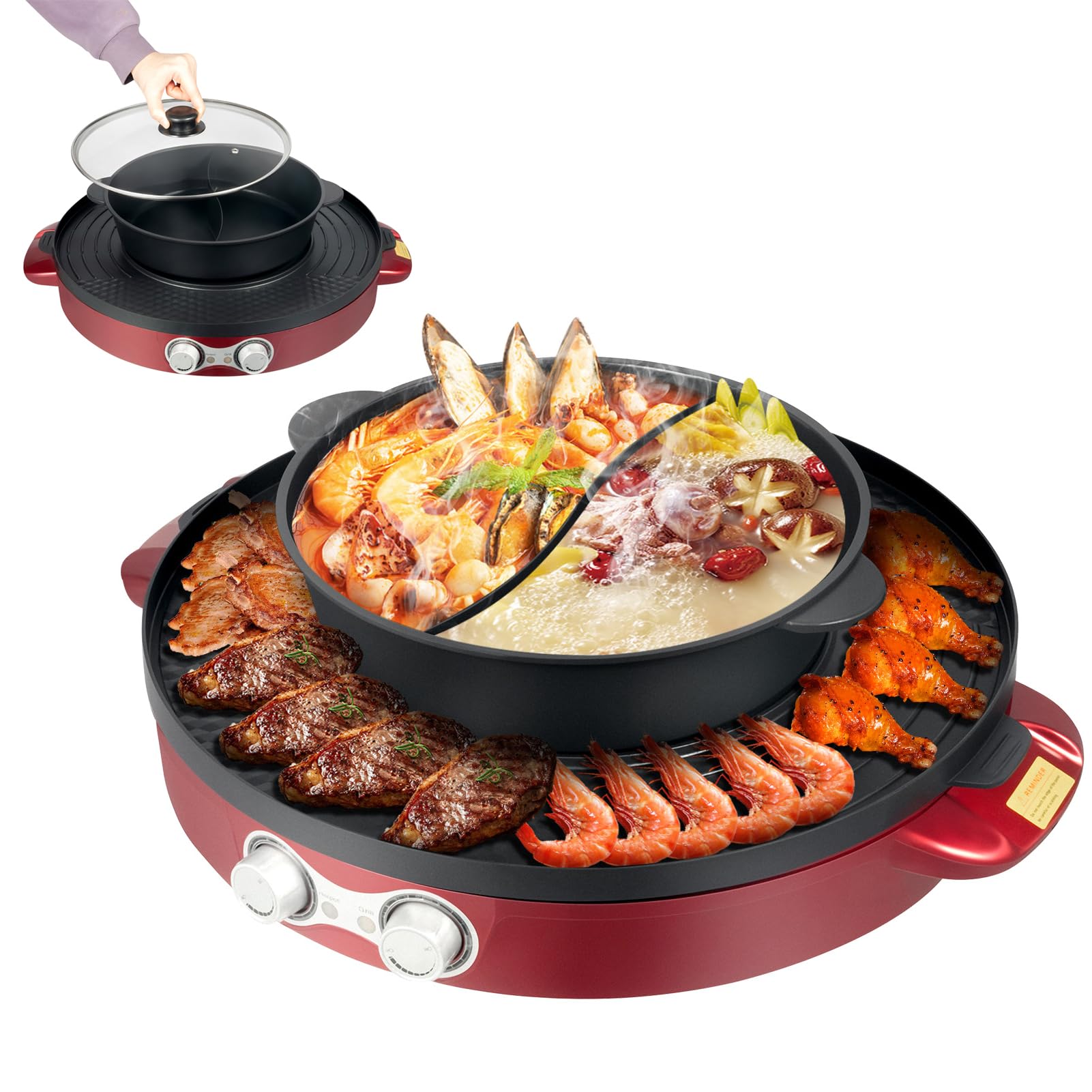 Hot Pot - Pentola elettrica 2200 W, con griglia e divisorio, multifunzione, 2 lati, antiaderente e griglia da tavolo, 2 in 1, per 2-8 persone, colore rosso, 52 x 18,5 cm