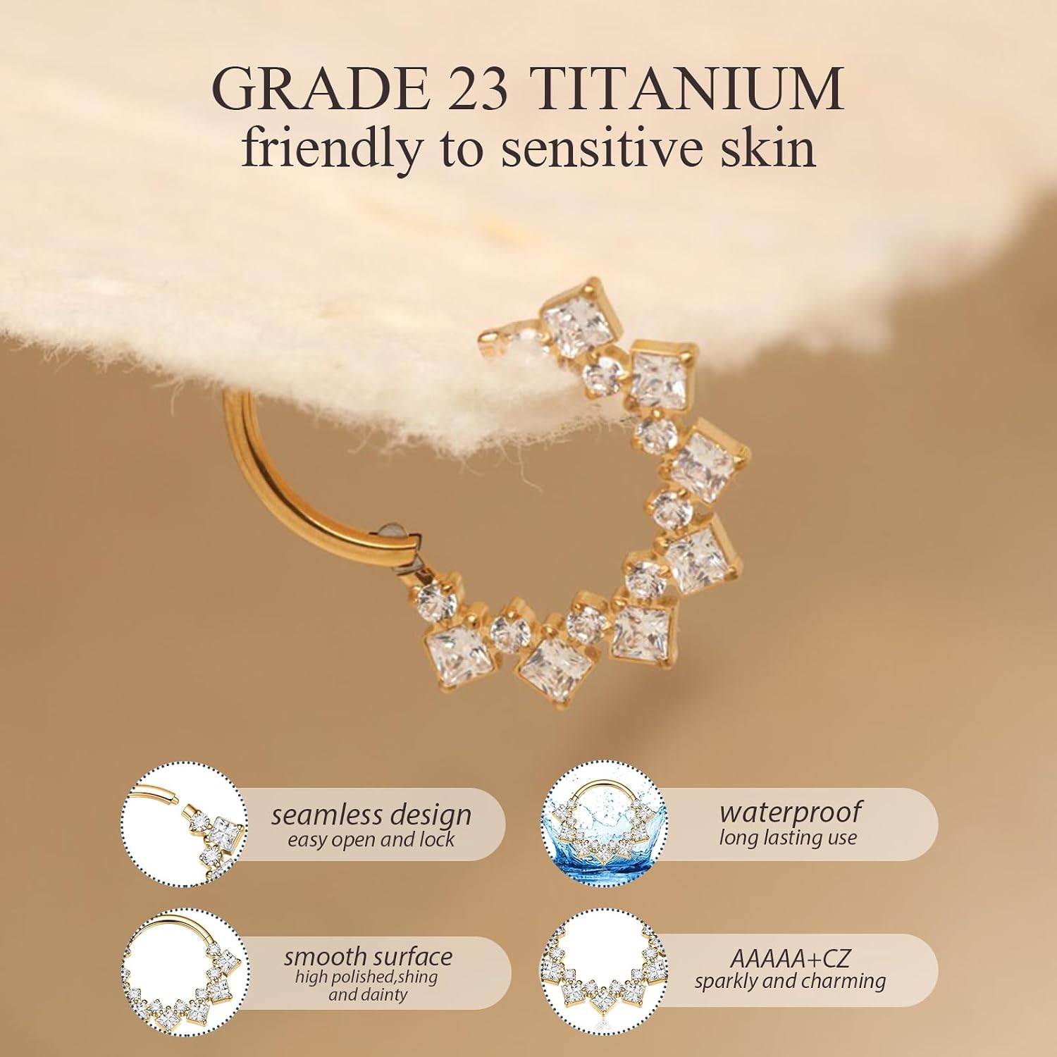 PEAKLINK 16G Septum Clicker Ring Titanium Nose Hoop Ring with CZ Daith Piercing Jewelry Rook Tragus Snug Helix Conch Cartilage Hoop Earring for Women 8mm 10mm
