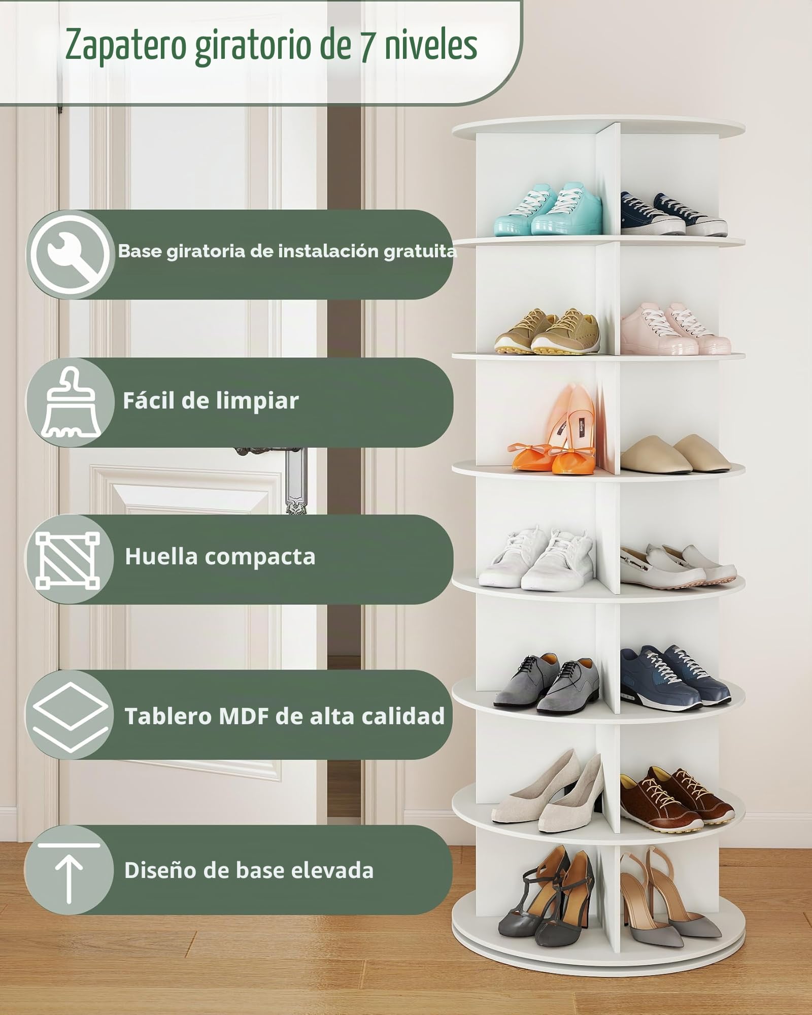 Zapatero Entrada Recibidor Estrecho Giratorio, Zapatero Estrecho y Alto Blanco, Shoe Rack, Zapateros Recibidores Entrada, Shoe Cabinet de 7 Pisos con 28 Espacios Abiertos