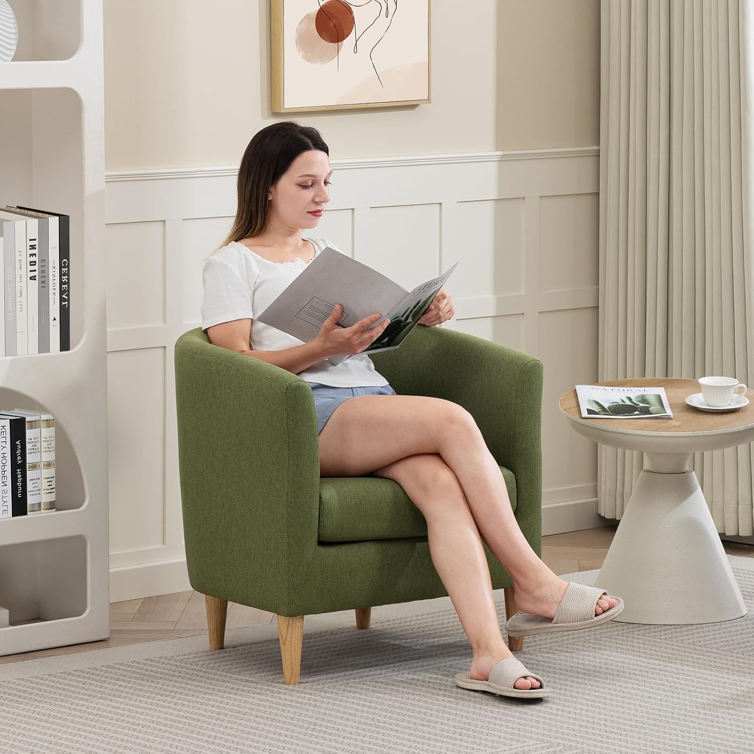 Accent Barrel Chairs Set of 2, Modern Comfy Living Room Chairs with Armrest Small Reading Chair with Cozy Soft Padded for Bedroom Reception Room Cafe, Green