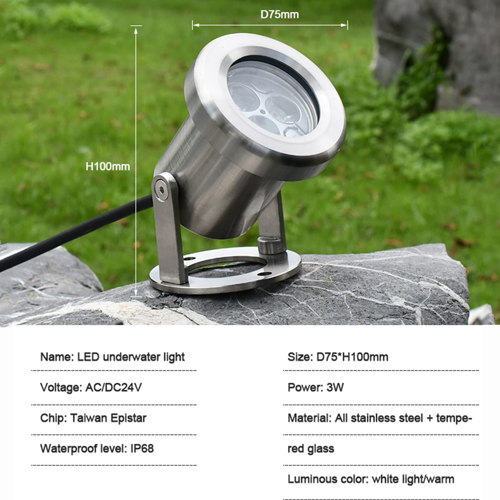 Faretti Immersione Piscina 3W, IP68 Impermeabile LED in Acciaio Inossidabile Proiettori a Fascio di Luce Distanza di irraggiamento 5-10M (Color : RGB, Size : 24v)