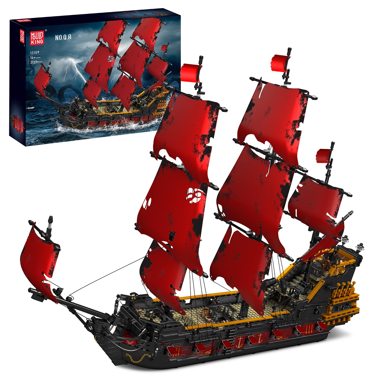 Mould King 13109 Technik Segelboot Modell,The Queen Annes Revenge Großes Rotes Piratenschiff Clamping Blocks Kit 3139 Teile Groß MOC Technologie Königin Annes Rache Klemmbausteine Bausatz