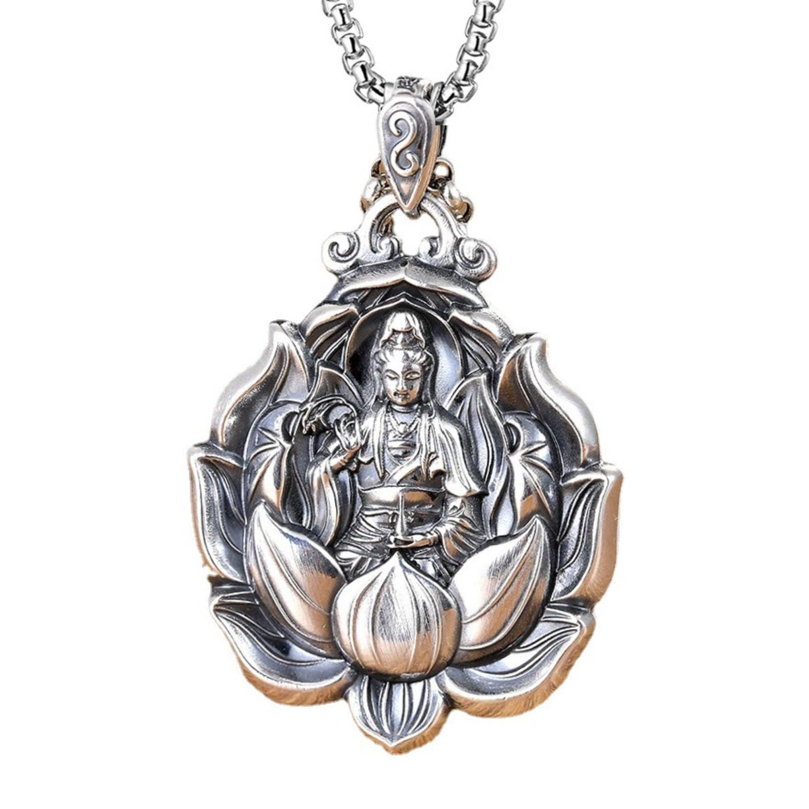 Laughing Buddha Necklace Sterling Quan Yin Pendant Lucky Keel Chain Amulet Feng Shui Jewelry Blessing Gift for Women Men