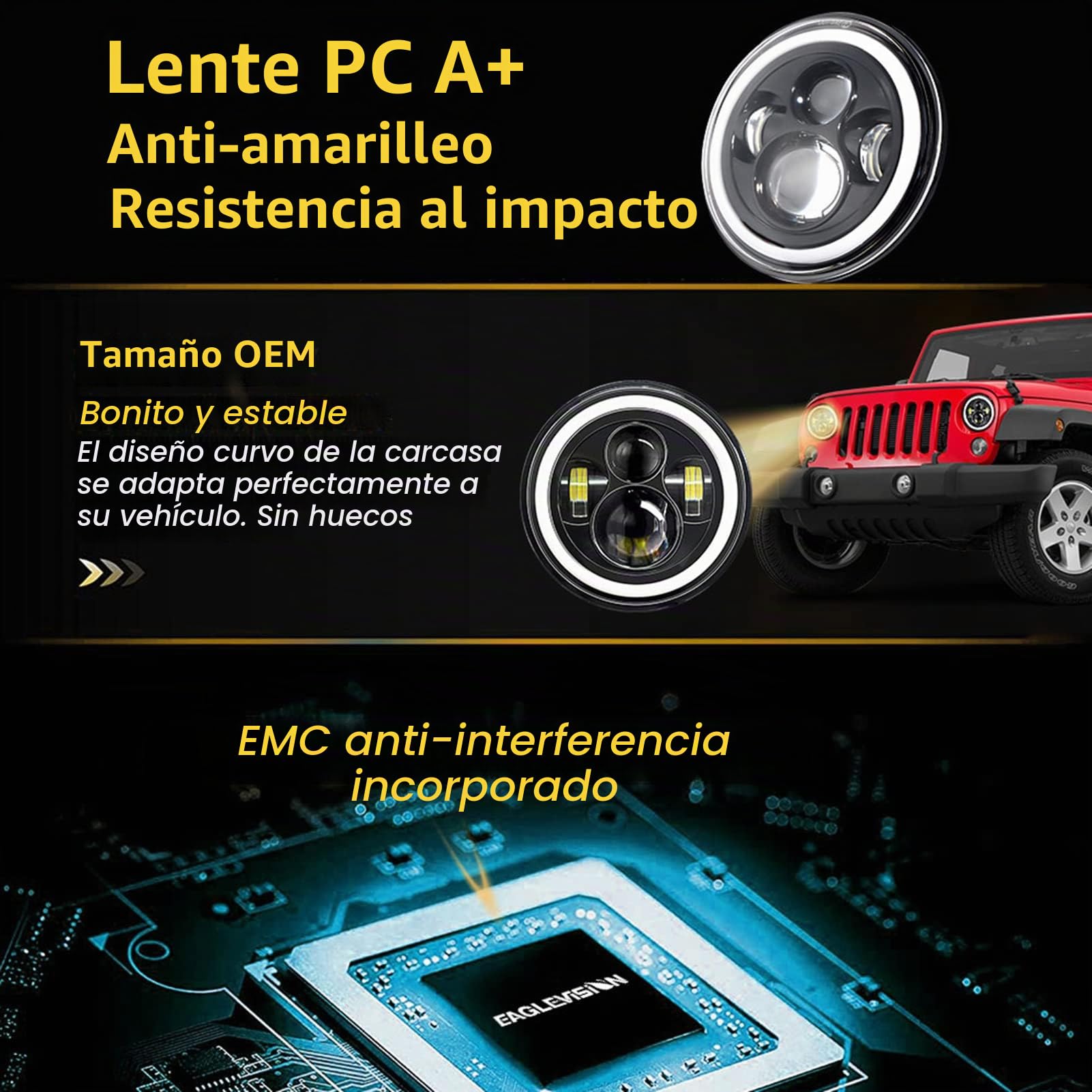 Shkalacar Faro Coche H4, Luz Faro Moto LED de 7 Pulgadas, 1pc/2pcs, con DRL/Señal de Giro/Haz Bajo/Haz Alto, Faro Redondo 6000K, 100W/140W, IP67 para vehículos de 9 V-30 V Auto, Moto, Camiones etc.