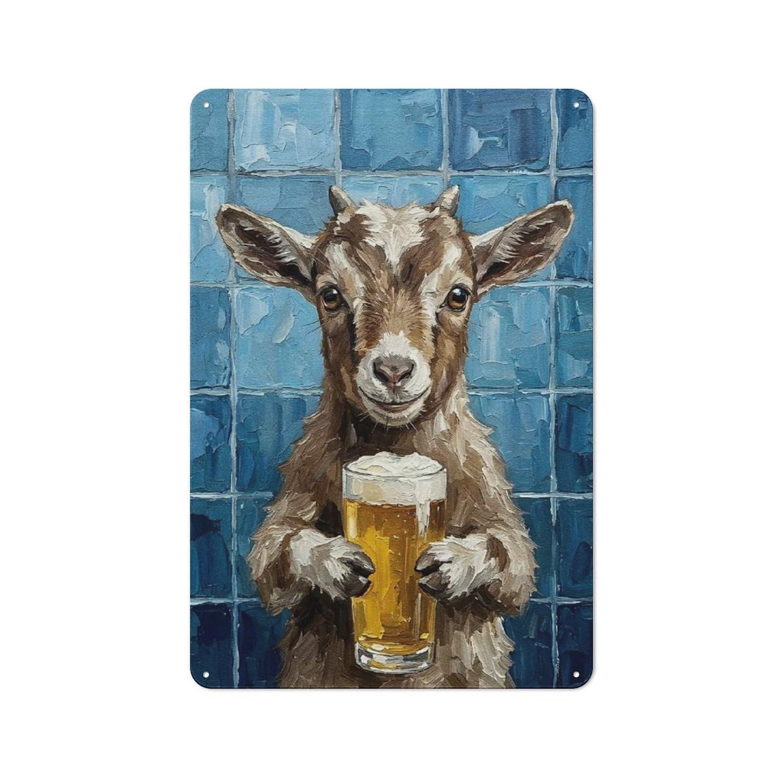 Junmoney Style-5 Goat With Beer Painting Rustic Tin Wall Plaque 30X20cm For Hobby Room Or Studio, A Christmas Gift For People Styling Hobby Room And Studio