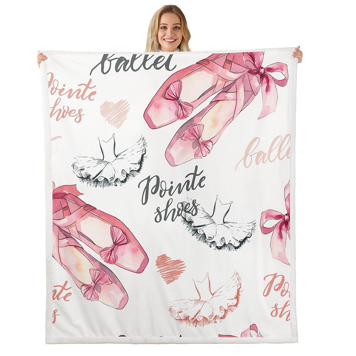 Girls Ballet Sherpa Blanket Kids Ballet Shoes Fleece Throw Blanket for Boys Teens Decor Girly Dancer Plush Blanket Modern Trendy Pink White Fuzzy