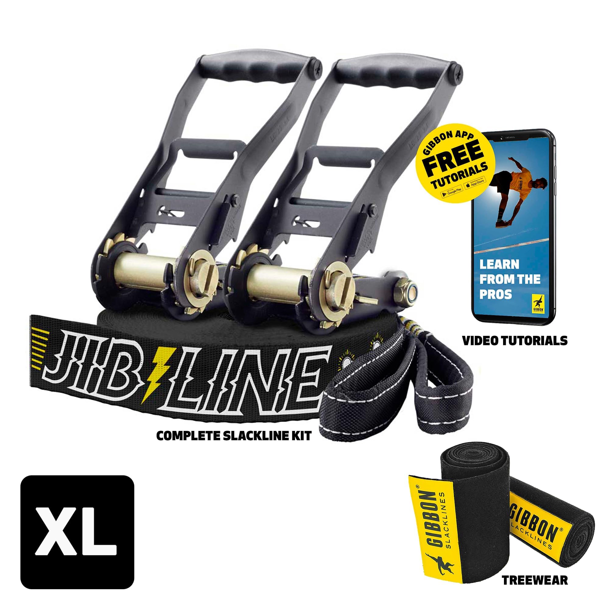 Gibbon Slacklines JibLine XL Trickline Set | 25 m (20 m Webbing + 2 x Nastro a cricchetto da 2,5 m) | 2 cricchetti | TreeWear | 5 cm di Larghezza | Stampa Antiscivolo | carico di Rottura 30 KN | per