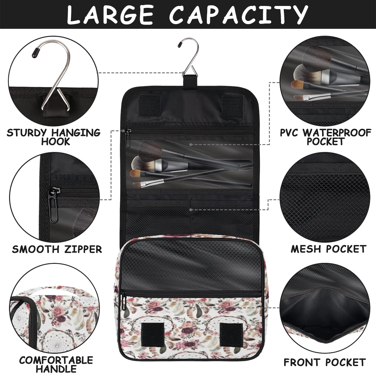 Dreamcatchers Podróżna kosmetyczka etniczna łapacze snów torba do mycia uniseks wiszące przybory toaletowe organizer na kosmetyki, wielobarwny, Jeden rozmiar