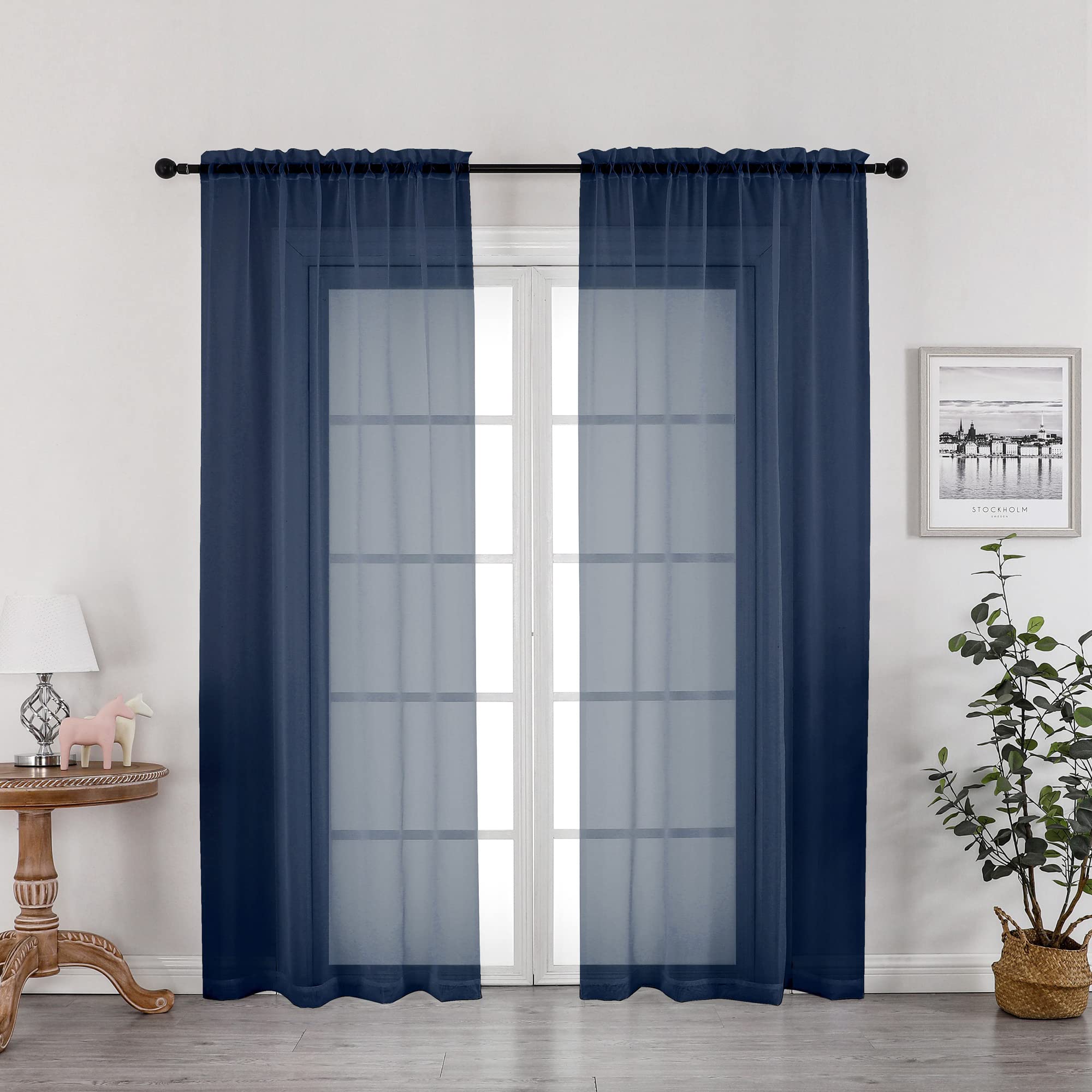 OWENIE Navy Blue Sheer Curtains 72 Inches Long 2 Panels, Transparent Voile Sheer Curtain Double Rod Pocket Gauze Drapes for Living Room Bedroom Window Sliding Glass Door Treatment, 42 x 72 Inch