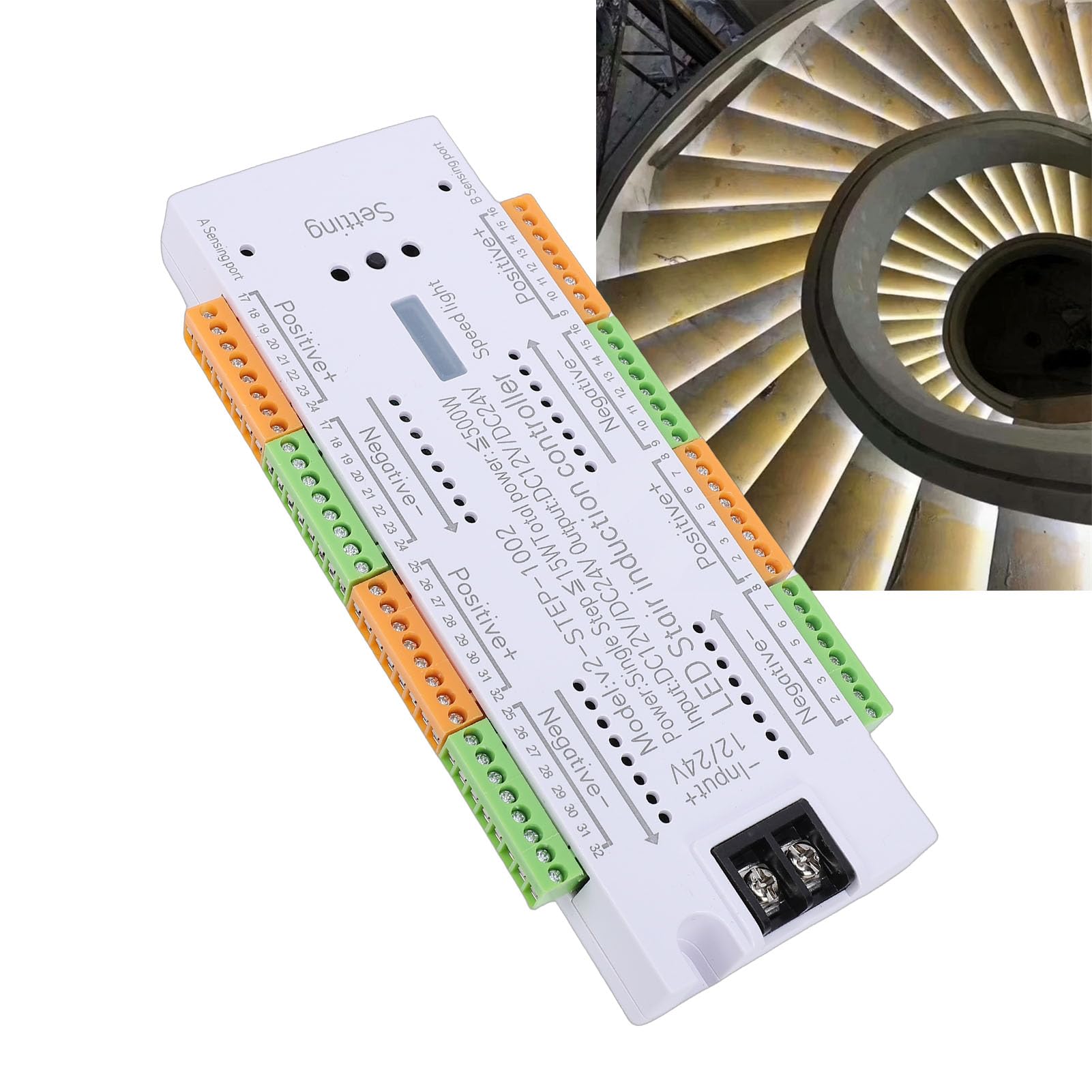 Fafeicy Controlador de Luz de Escalera LED con Sensor de Movimiento Iluminación de Paso Secuencial de 32 Canales con Velocidad Ajustable Encendido Automático y Apagado para Escalera