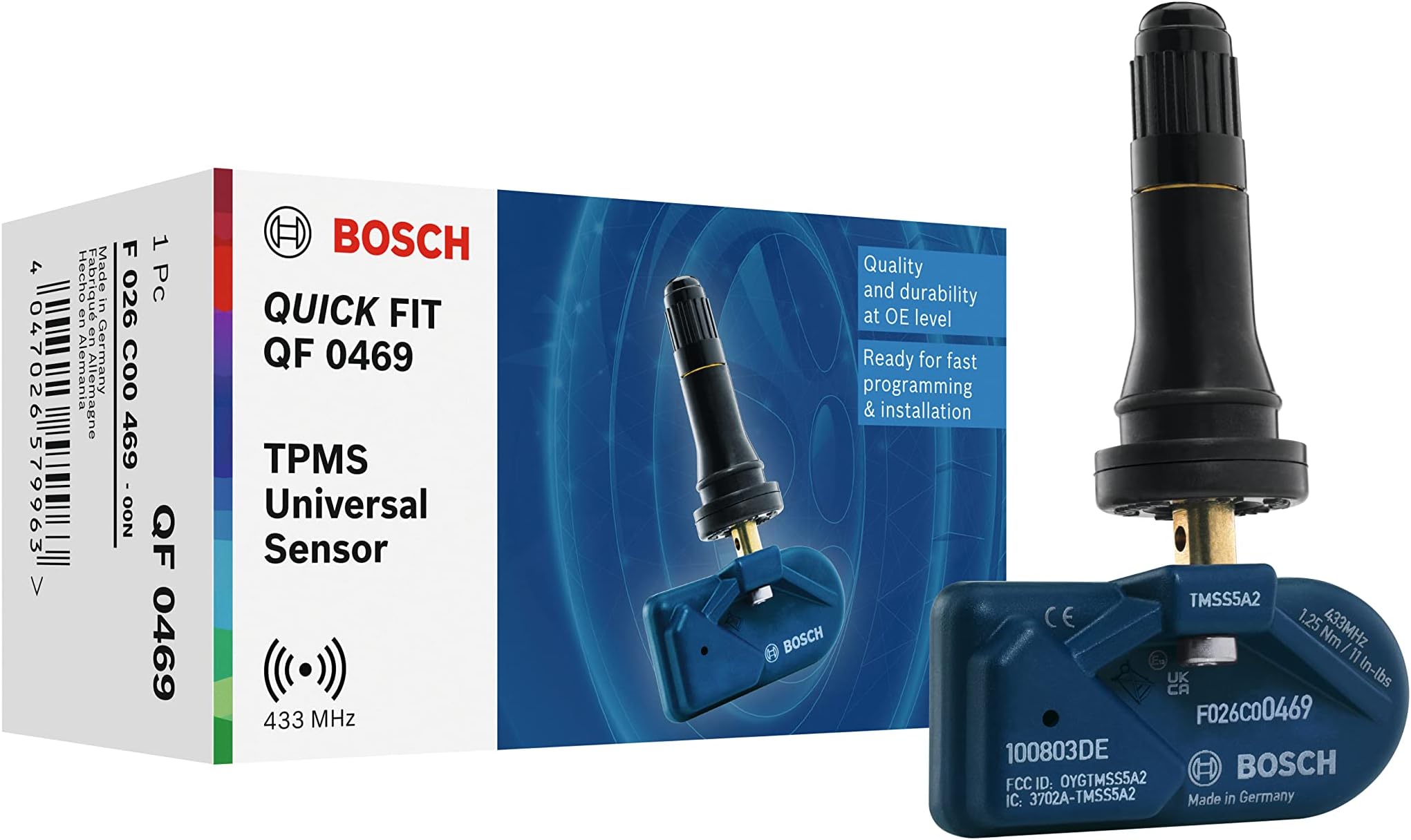 Bosch F026C00469 - QF0469 - Programmable QUICK FIT TPMS sensor - Tyre pressure sensor with black rubber valve - 433.92 MHz
