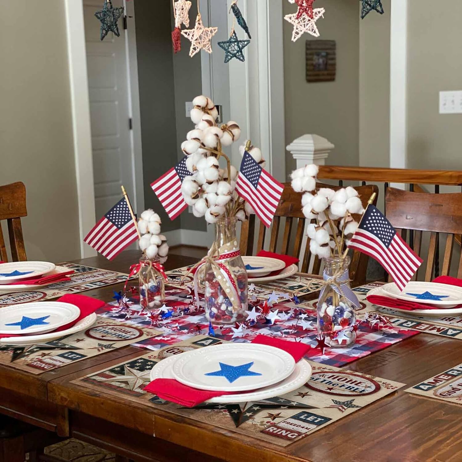 4th of July Placemats Patriotic Star American Flag Place Mats for Dining Table Country Style Independence Day Washable Table Mats for Kitchen Dining Decorations Set of 8
