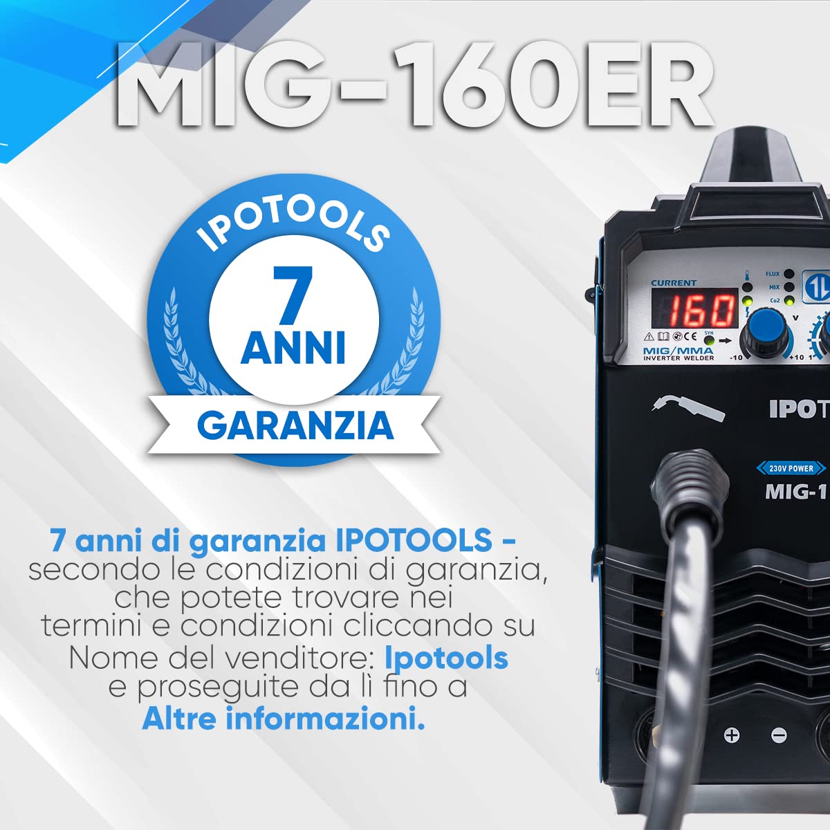 IPOTOOLS MIG-160ER Saldatrice MIG MAG - Saldatrice MIG con IGBT 160A 230V, Saldatrice a elettrodo MMA Flux 3 in 1, Saldatrice portatile, 7 anni di garanzia