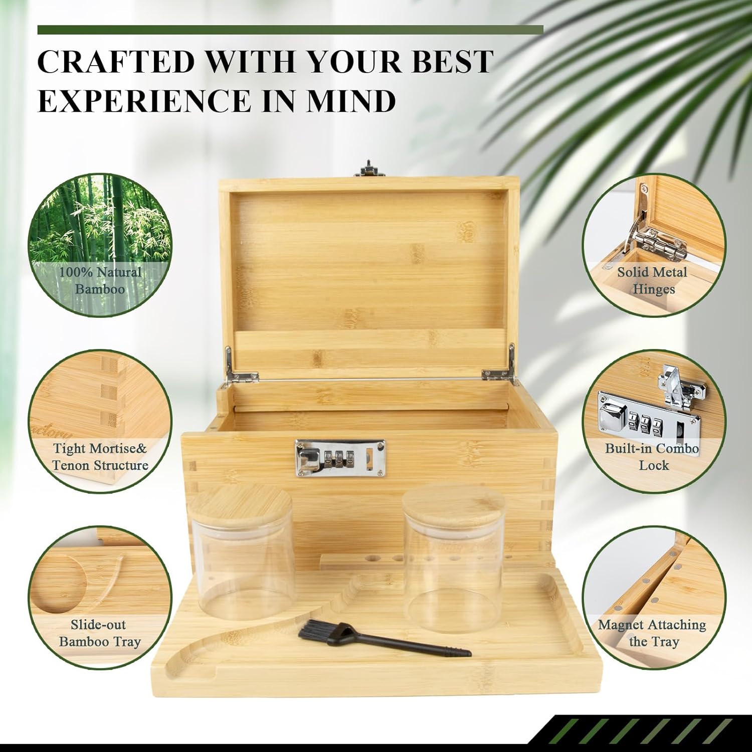 Large Bamboo Storage Box with Combination Lock - Decorative Keepsake Box with Removable Tray & Spice Crusher - Discreet Wood Organizer (10.6 x 7.1 x 5.5 in)(Natural)