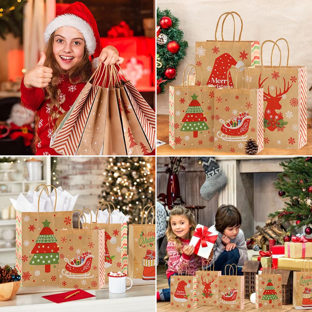 18-Pack Christmas Kraft Gift Bags With Handles - Blue Holiday Pattern Party Favor Bags